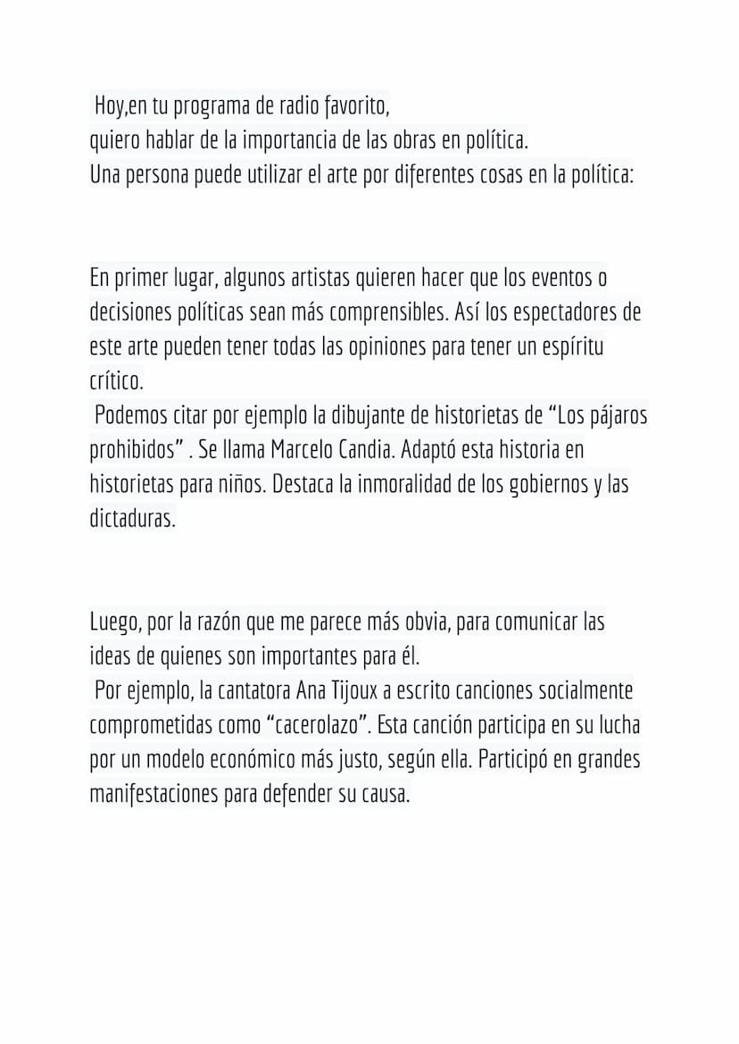 Espagnol oral
L'art est difficile à définir. On peut dire que c'est un moyen d'expression que l'artiste choisit
pour communiquer ses idées, 