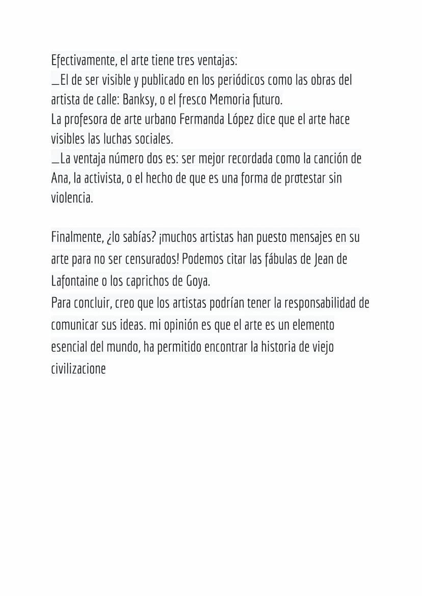 Espagnol oral
L'art est difficile à définir. On peut dire que c'est un moyen d'expression que l'artiste choisit
pour communiquer ses idées, 