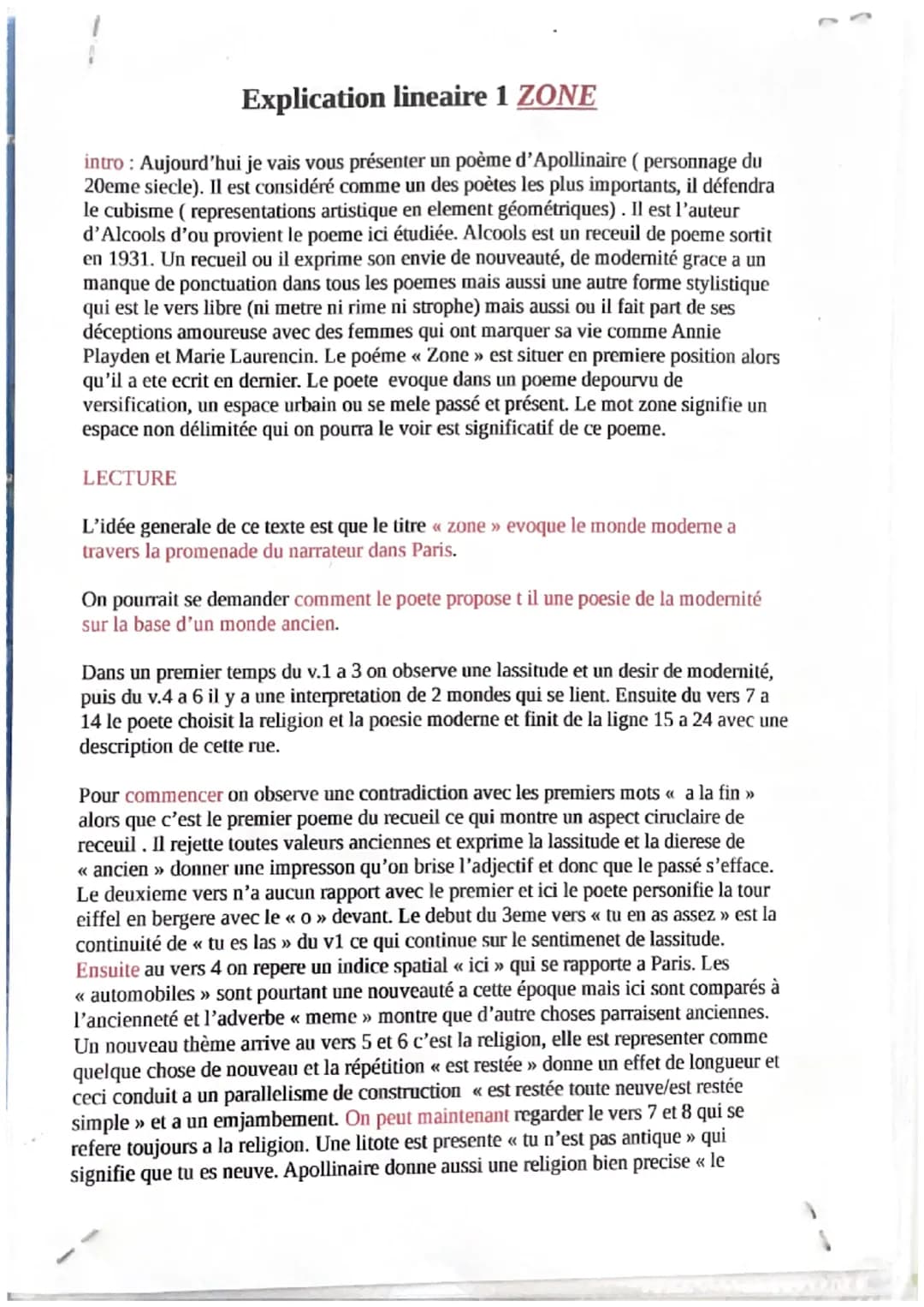 Explication lineaire 1 ZONE
intro : Aujourd'hui je vais vous présenter un poème d'Apollinaire (personnage du
20eme siecle). Il est considéré