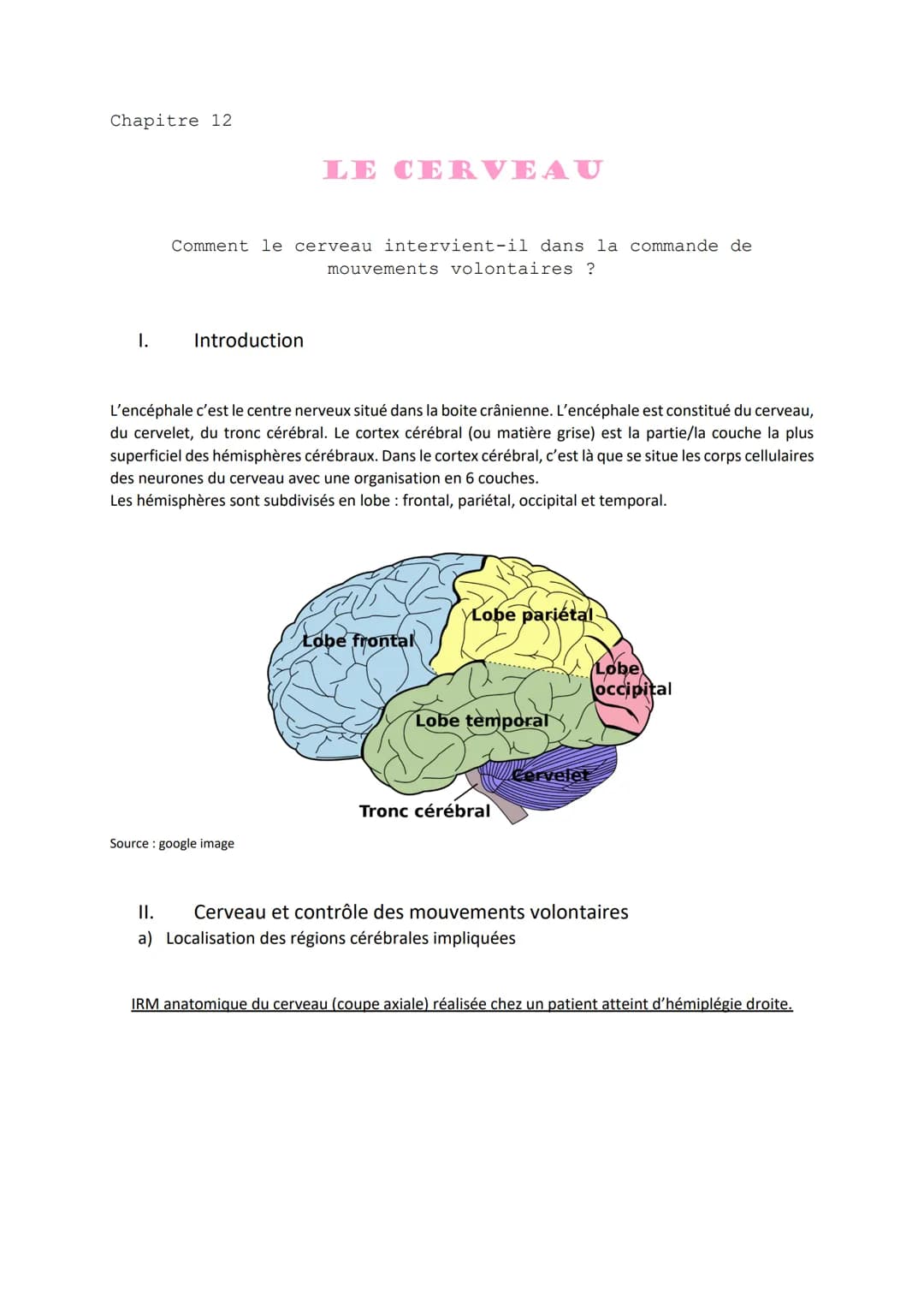 Chapitre 12
I.
Comment le cerveau intervient-il dans la commande de
mouvements volontaires ?
Introduction
LE CERVEAU
L'encéphale c'est le ce