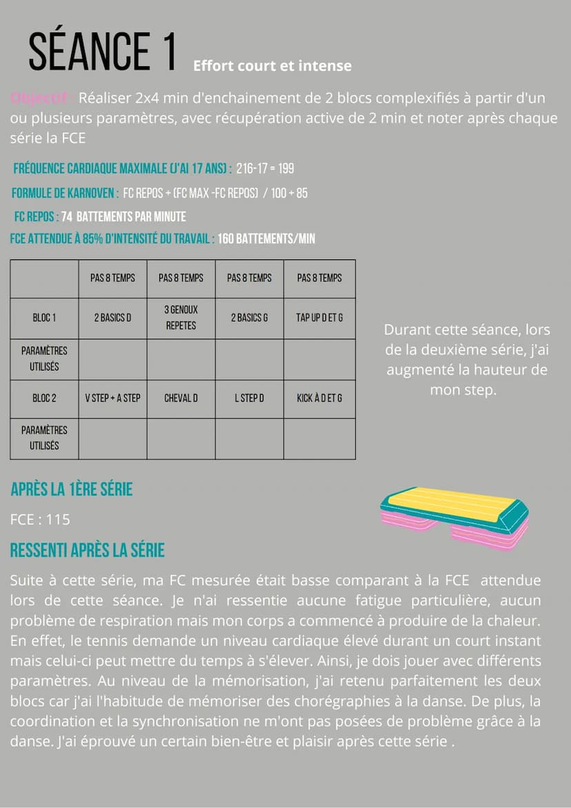 CARNET
D'ENTRAINEMENT
LOLA PATROUILLAULT / ANNÉE 2021-2022
O SÉANCE 1
Effort court et intense
Objectif Réaliser 2x4 min d'enchainement de 2 