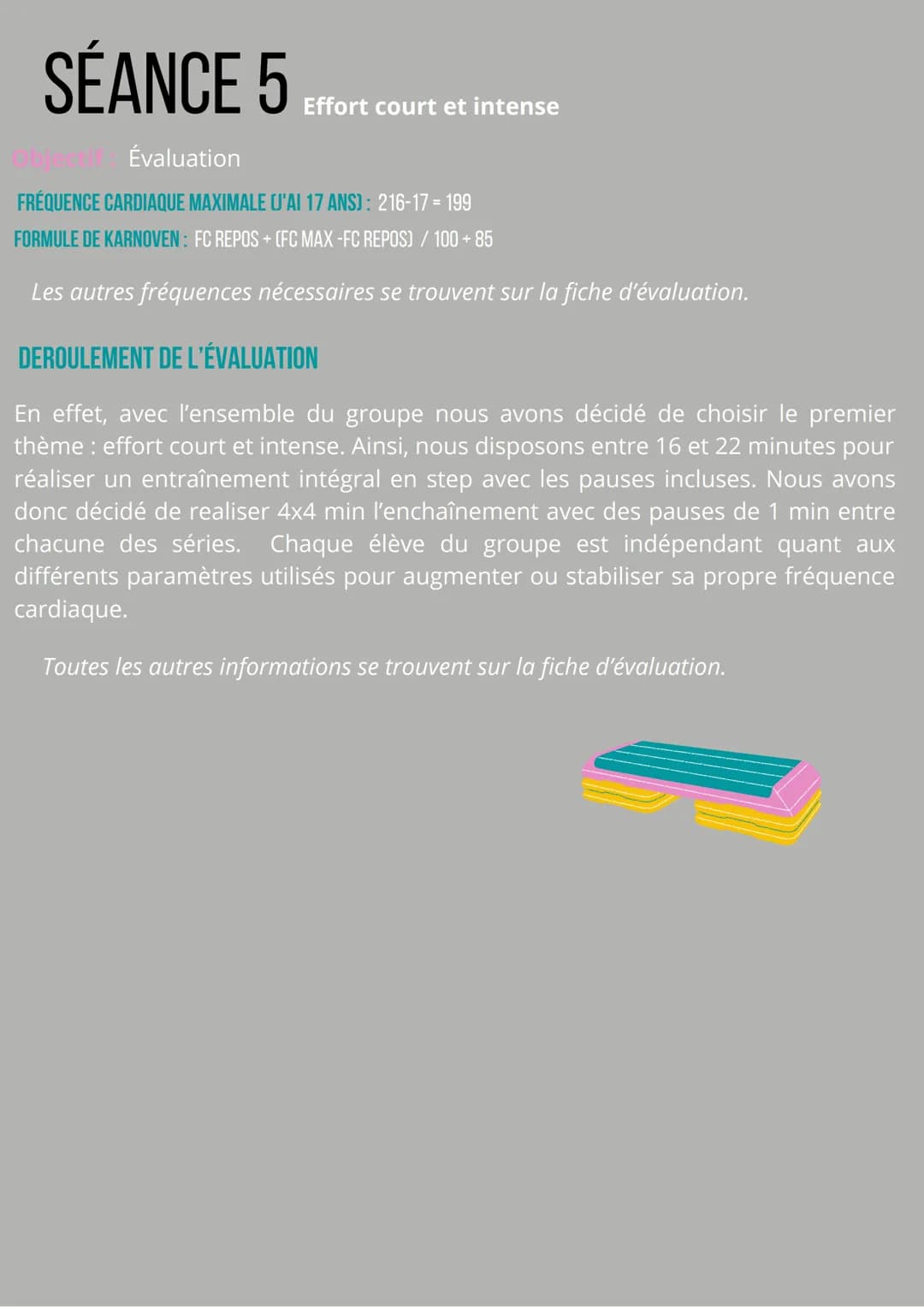 CARNET
D'ENTRAINEMENT
LOLA PATROUILLAULT / ANNÉE 2021-2022
O SÉANCE 1
Effort court et intense
Objectif Réaliser 2x4 min d'enchainement de 2 
