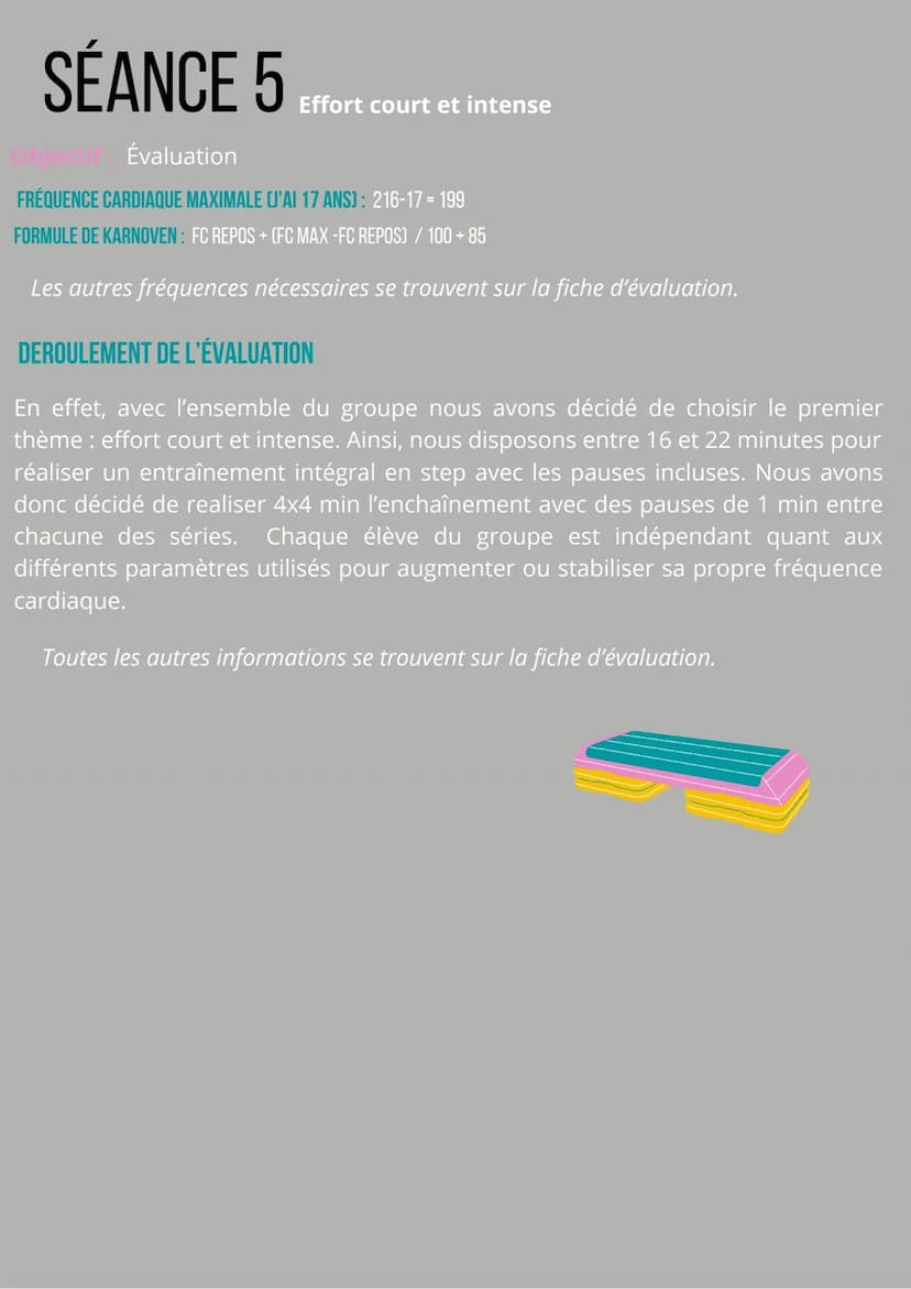 CARNET
D'ENTRAINEMENT
LOLA PATROUILLAULT / ANNÉE 2021-2022
O SÉANCE 1
Effort court et intense
Objectif Réaliser 2x4 min d'enchainement de 2 