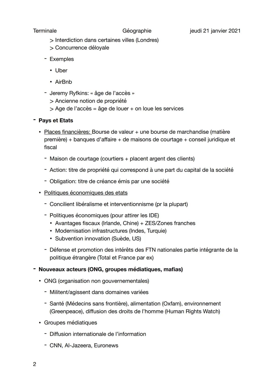 Terminale
Géographie
Cours 3 - Les acteurs de la mondialisation
Sujet général
Firmes Transnationales (FTN)
• FTN est grande firme dont les a