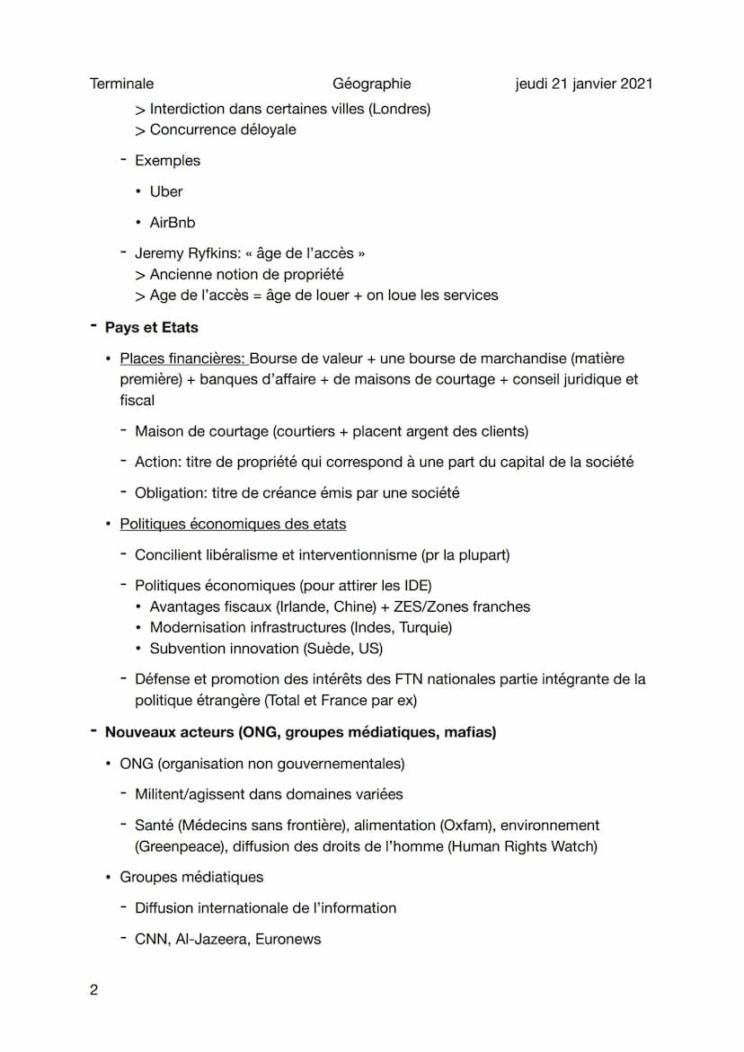 Terminale
Géographie
Cours 3 - Les acteurs de la mondialisation
Sujet général
Firmes Transnationales (FTN)
• FTN est grande firme dont les a
