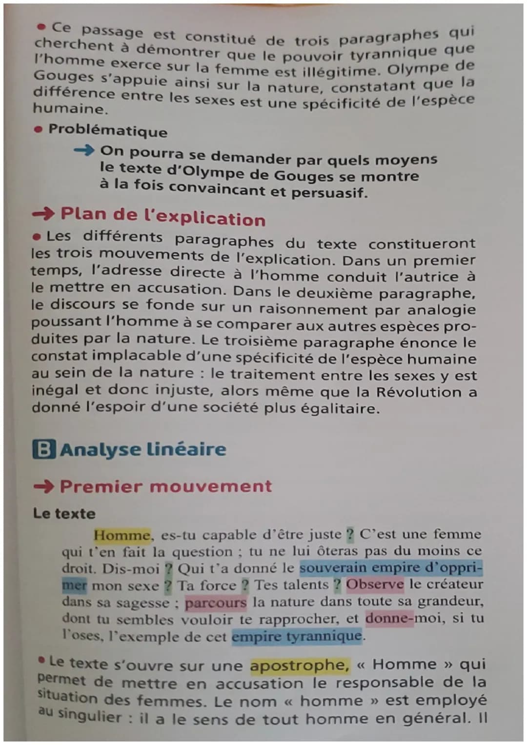 21 L'explication linéaire
5
<<< Les droits de la femme >>
Homme, es-tu capable d'être juste ? C'est une femme qui
t'en fait la question; tu 