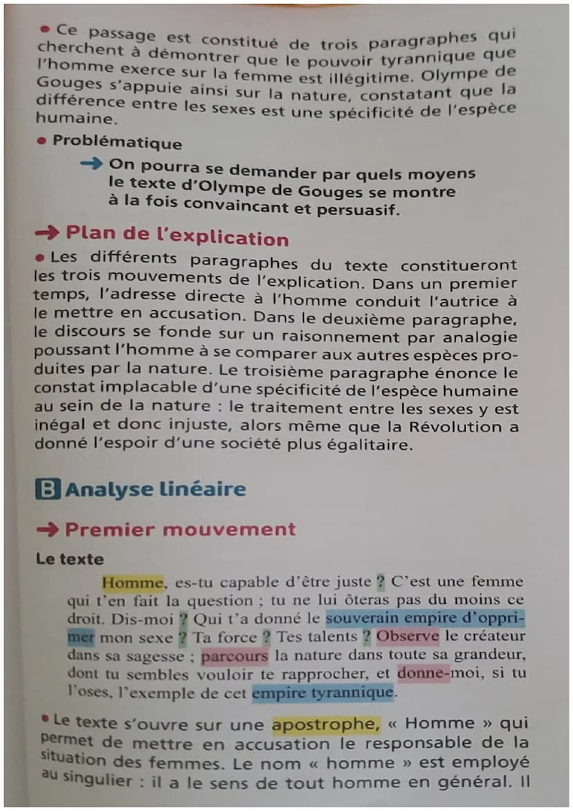 21 L'explication linéaire
5
<<< Les droits de la femme >>
Homme, es-tu capable d'être juste ? C'est une femme qui
t'en fait la question; tu 