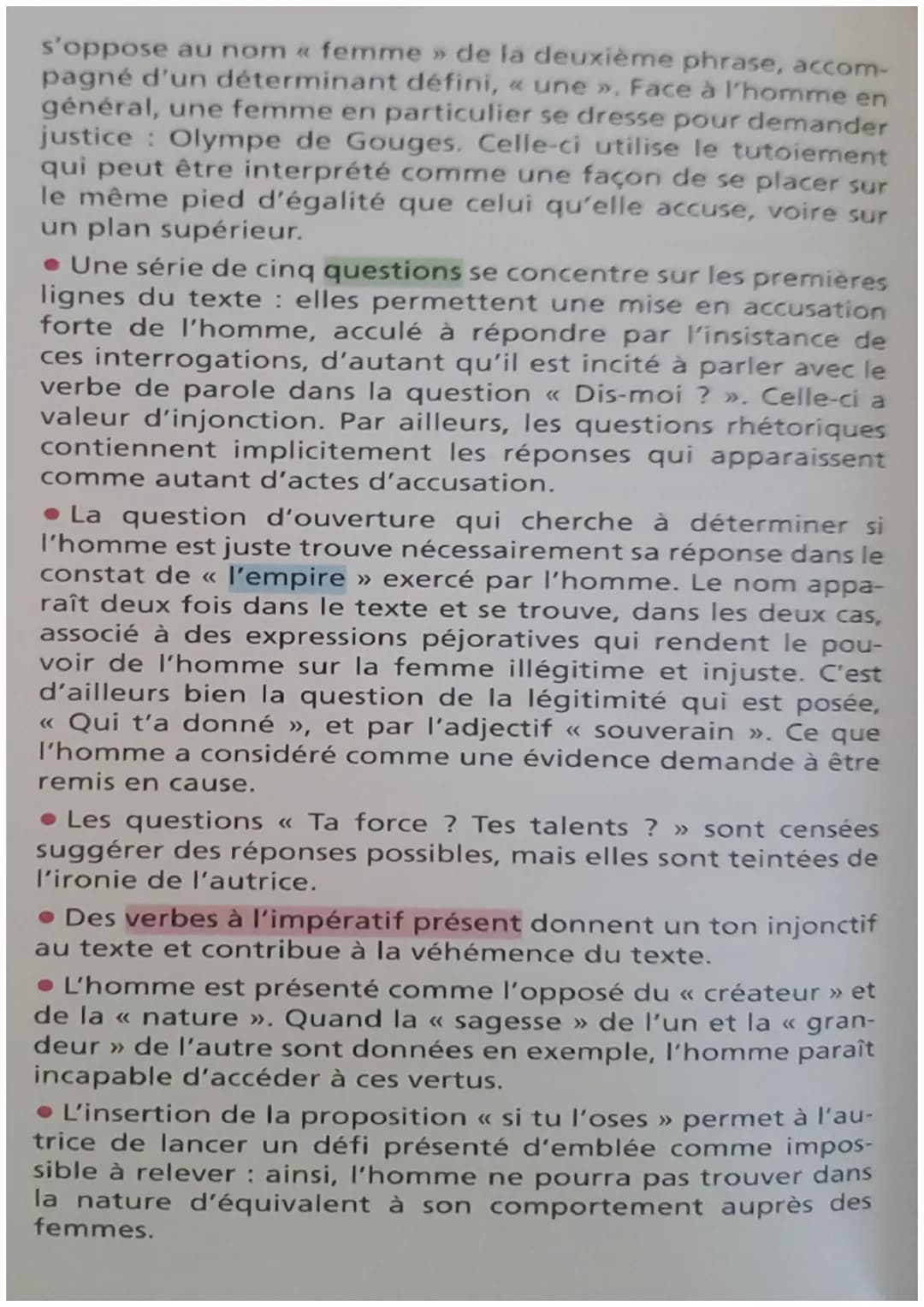 21 L'explication linéaire
5
<<< Les droits de la femme >>
Homme, es-tu capable d'être juste ? C'est une femme qui
t'en fait la question; tu 