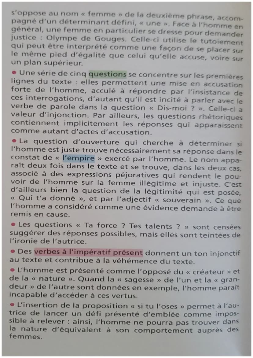 21 L'explication linéaire
5
<<< Les droits de la femme >>
Homme, es-tu capable d'être juste ? C'est une femme qui
t'en fait la question; tu 
