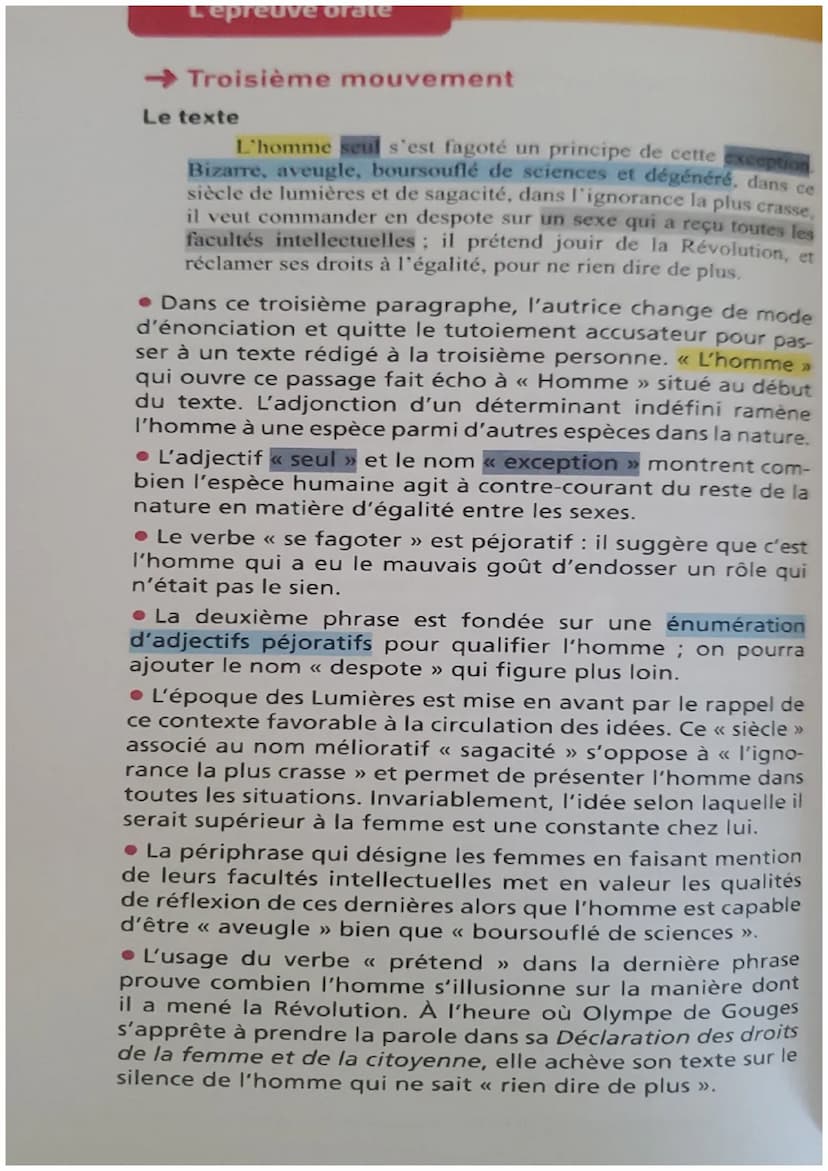 21 L'explication linéaire
5
<<< Les droits de la femme >>
Homme, es-tu capable d'être juste ? C'est une femme qui
t'en fait la question; tu 
