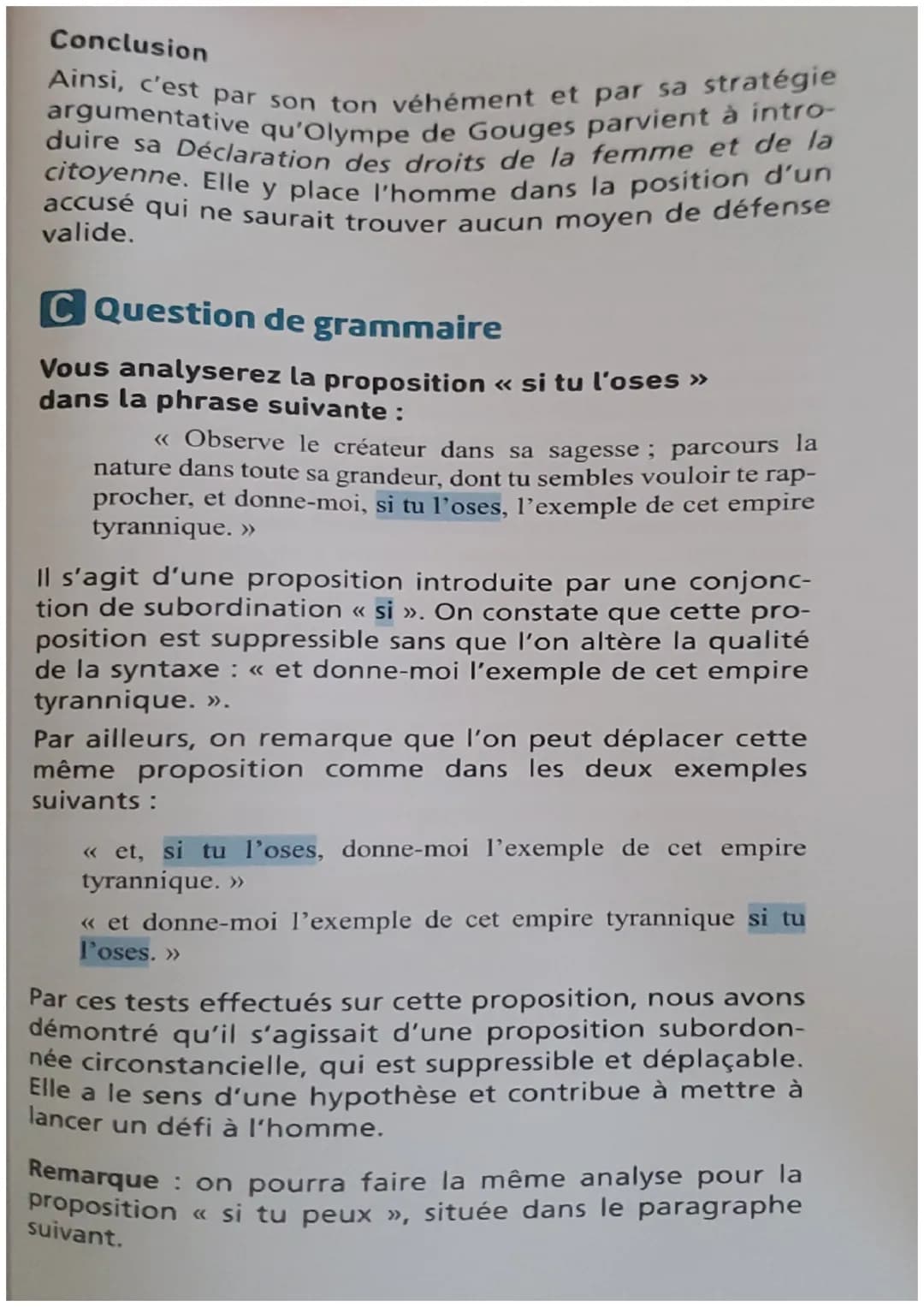 21 L'explication linéaire
5
<<< Les droits de la femme >>
Homme, es-tu capable d'être juste ? C'est une femme qui
t'en fait la question; tu 