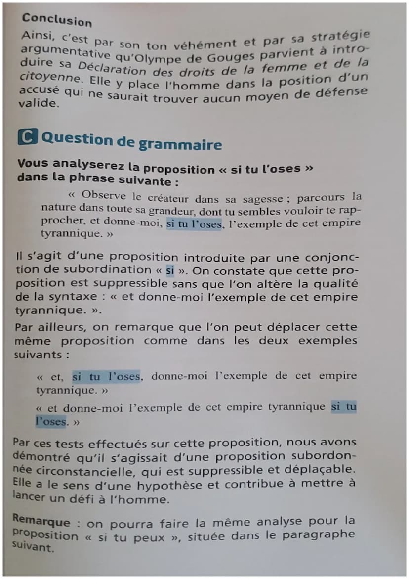 21 L'explication linéaire
5
<<< Les droits de la femme >>
Homme, es-tu capable d'être juste ? C'est une femme qui
t'en fait la question; tu 