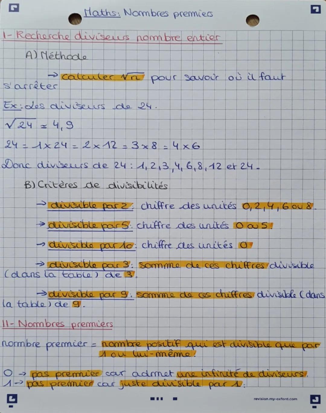 Maths: Nombres premiers
1- Recherche diviseurs nombre entier
A) Méthode
→ calculer Vπ pour savour où il faut
s'arrêter
n
Ex: des diviseurs d