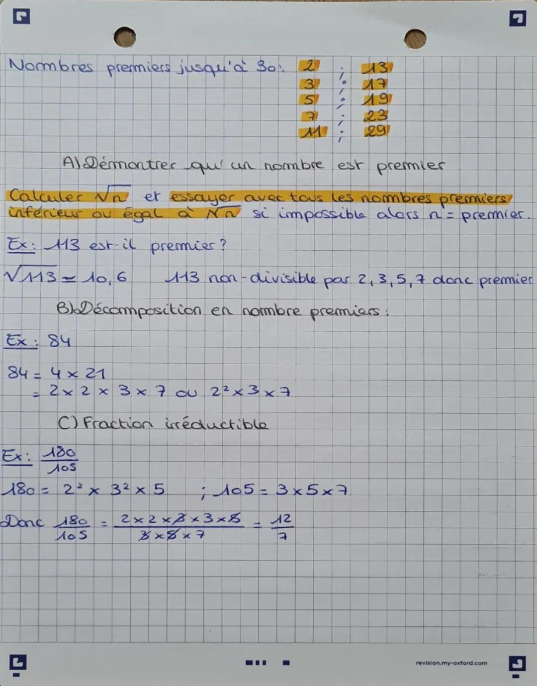 Maths: Nombres premiers
1- Recherche diviseurs nombre entier
A) Méthode
→ calculer Vπ pour savour où il faut
s'arrêter
n
Ex: des diviseurs d
