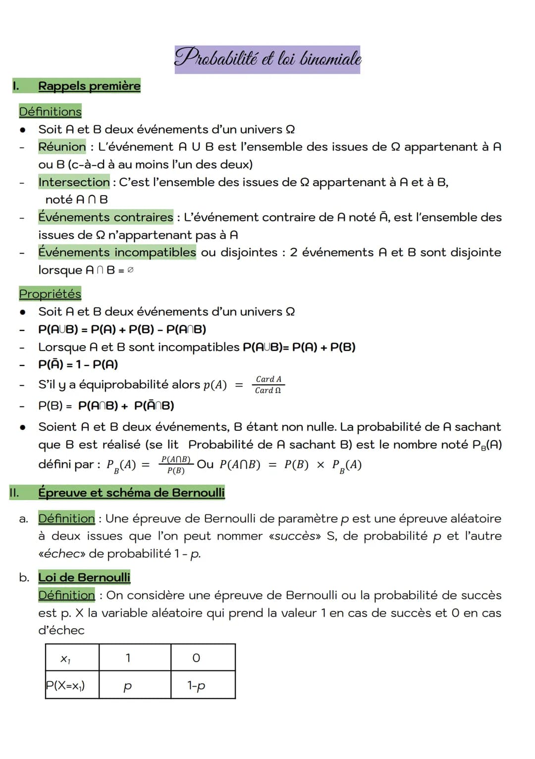 II.
●
Définitions
Soit A et B deux événements d'un univers
Réunion : L'événement A U B est l'ensemble des issues de 2 appartenant à A
ou B (
