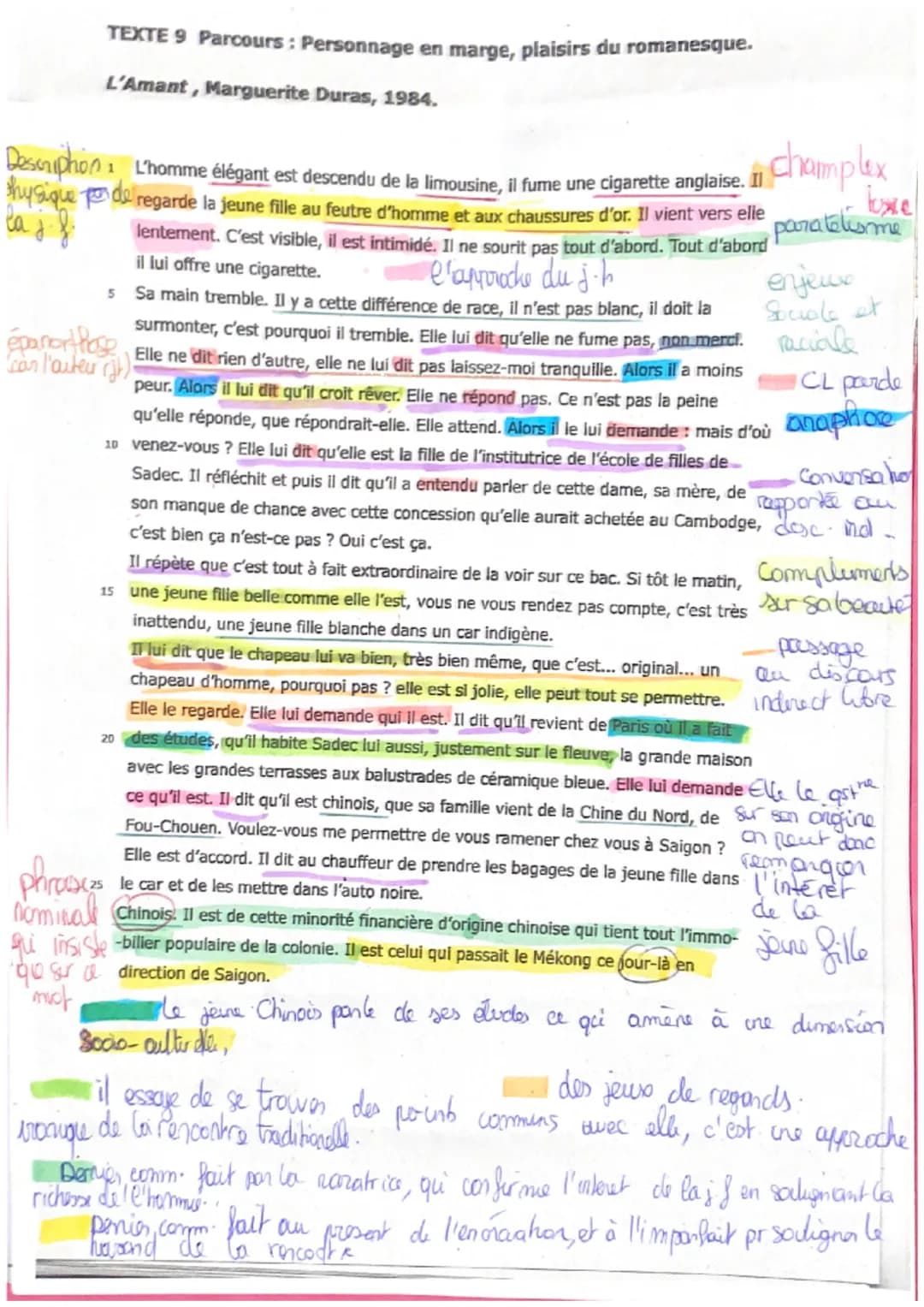 TEXTE 9 Parcours : Personnage en marge, plaisirs du romanesque.
L'Amant, Marguerite Duras, 1984.
Description L'homme élégant est descendu de