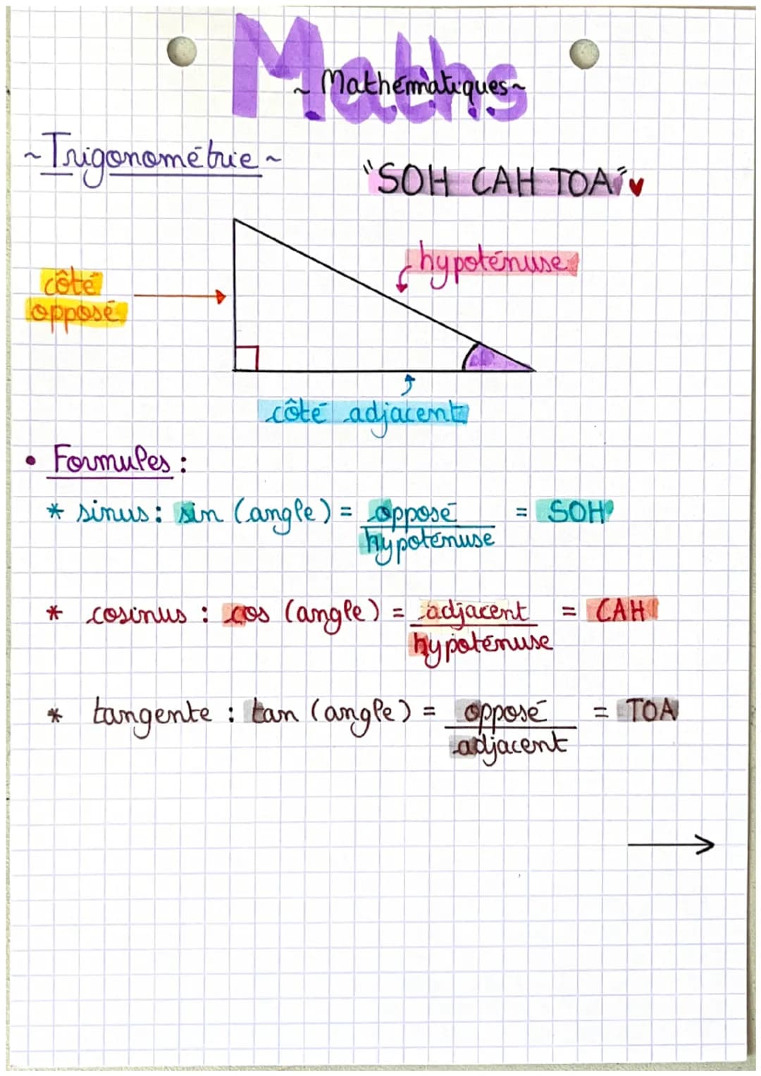 ~ Trigonométrie ~
côté
topposé
Mathematiques ~
"SOH CAH TOAT
hypoténuse
côté adjacent
Formules:
* sinus: sin (angle) = __oppose
hypotemuse
*