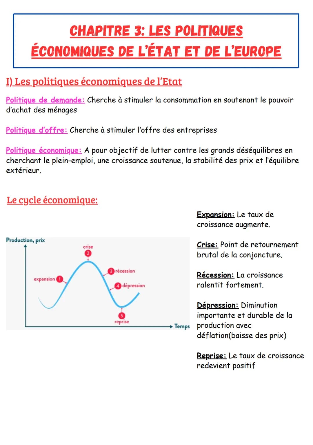 CHAPITRE 3: LES POLITIQUES
ÉCONOMIQUES DE L'ÉTAT ET DE L'EUROPE
I) Les politiques économiques de l'Etat
Politique de demande: Cherche à stim