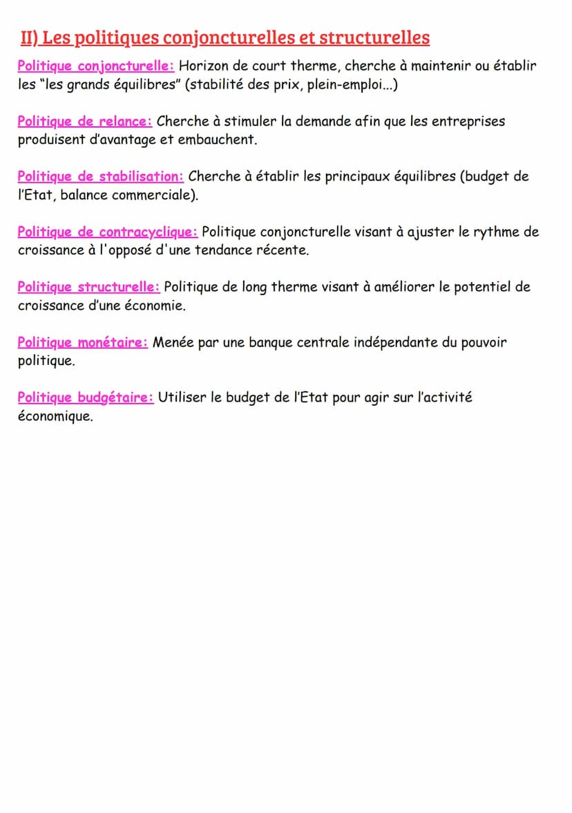 CHAPITRE 3: LES POLITIQUES
ÉCONOMIQUES DE L'ÉTAT ET DE L'EUROPE
I) Les politiques économiques de l'Etat
Politique de demande: Cherche à stim