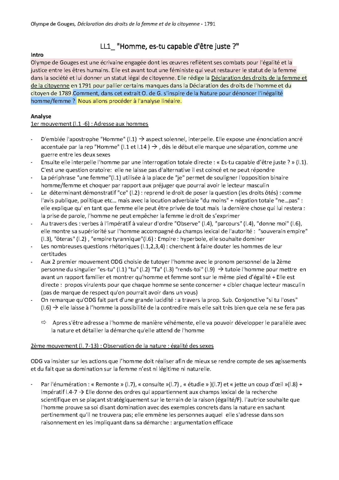 Les droits de la femme, lecture linéaire - DDFC de Gouges