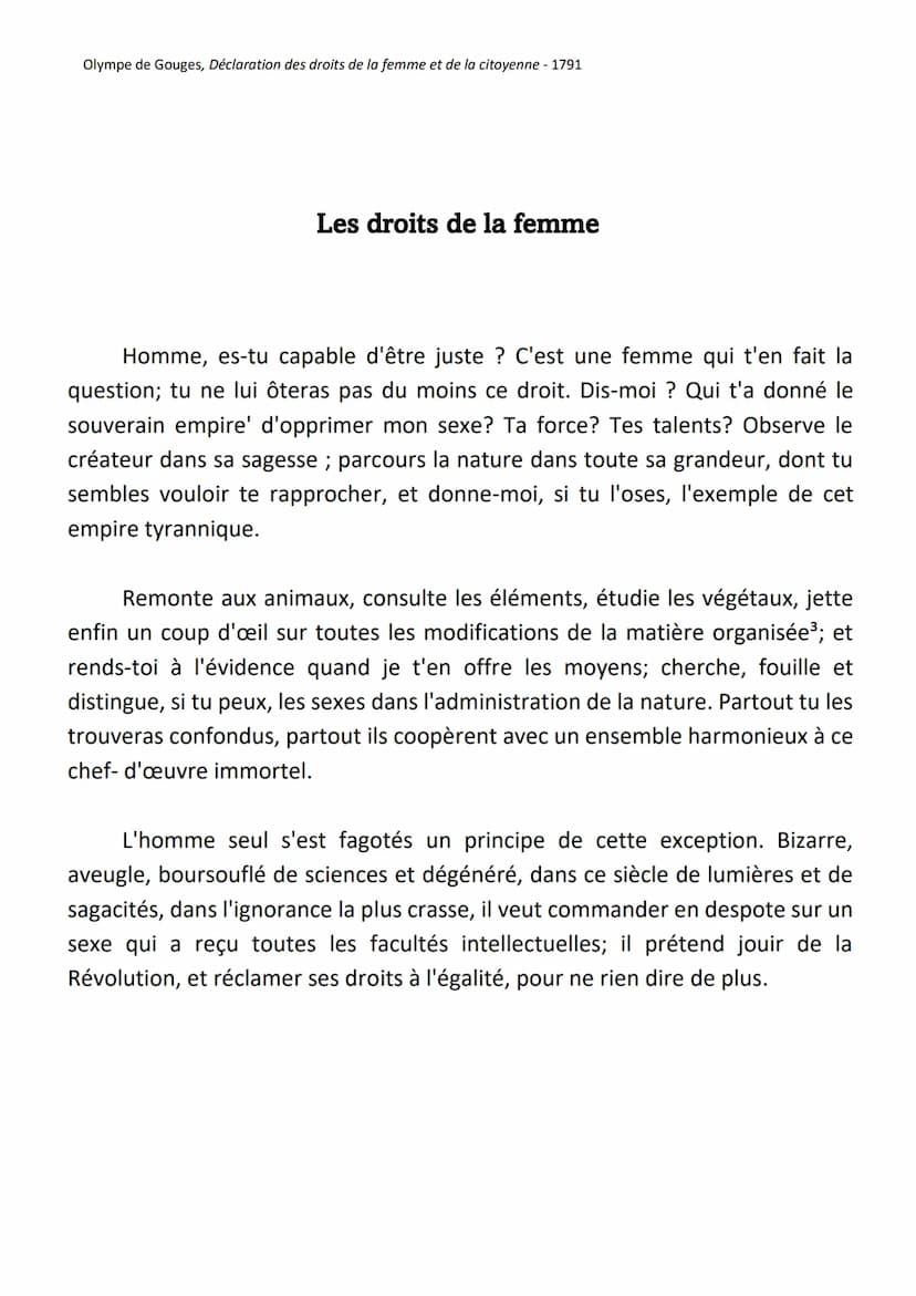 Olympe de Gouges, Déclaration des droits de la femme et de la citoyenne - 1791
LL1_ "Homme, es-tu capable d'être juste ?"
Intro
Olympe de Go