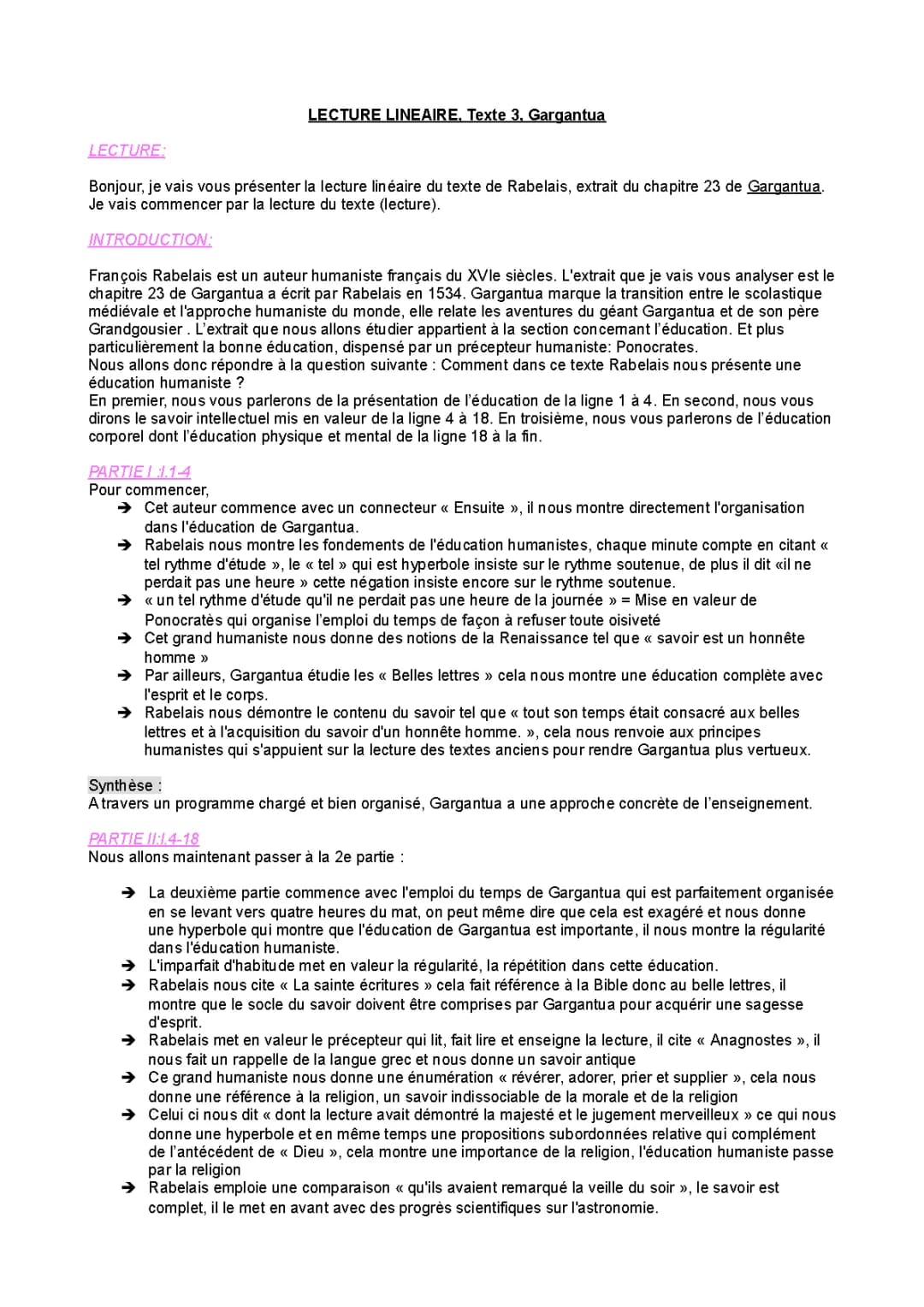 Analyse linéaire Gargantua Chapitre 23 texte et PDF
