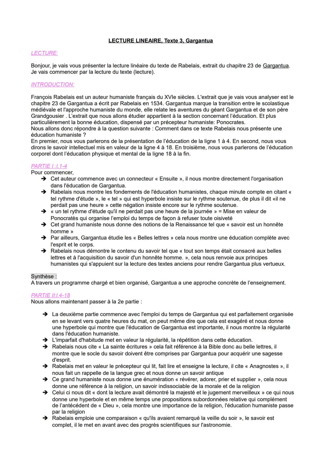 LECTURE:
Bonjour, je vais vous présenter la lecture linéaire du texte de Rabelais, extrait du chapitre 23 de Gargantua.
Je vais commencer pa