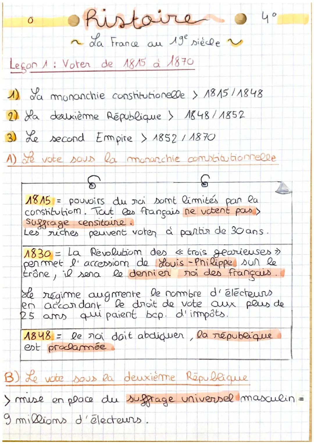 0
• Ristoire
~La France au 19e siècle~
4°
Leçon 1: Voter de 1815 à 1870

1) La monanchie constitutionelle > 1815/1848

2) La deuxième Républ
