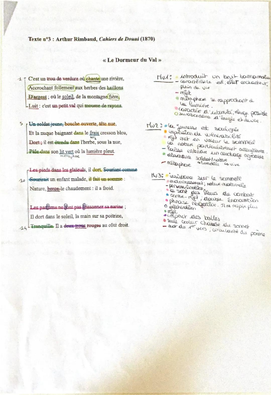 Texte nº3: Arthur Rimbaud, Cahiers de Douai (1870)

<<<< Le Dormeur du Val >>>

1 C'est un trou de verdure où chante une rivière,
Accrochant