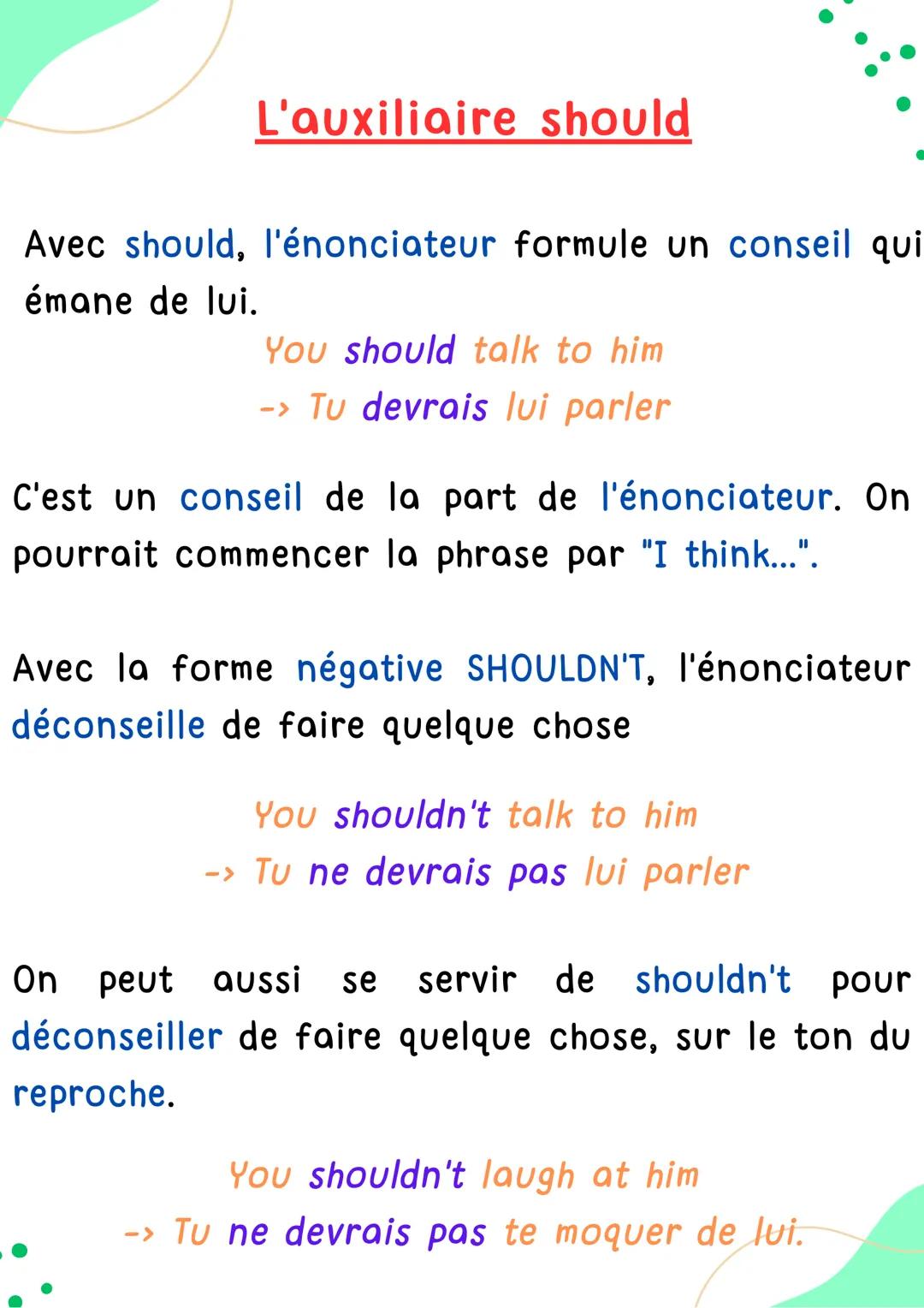 # MODALITÉ
# SHOULD
Anglais # L'auxiliaire should

Avec should, l'énonciateur formule un conseil qui
émane de lui.

You should talk to him
-