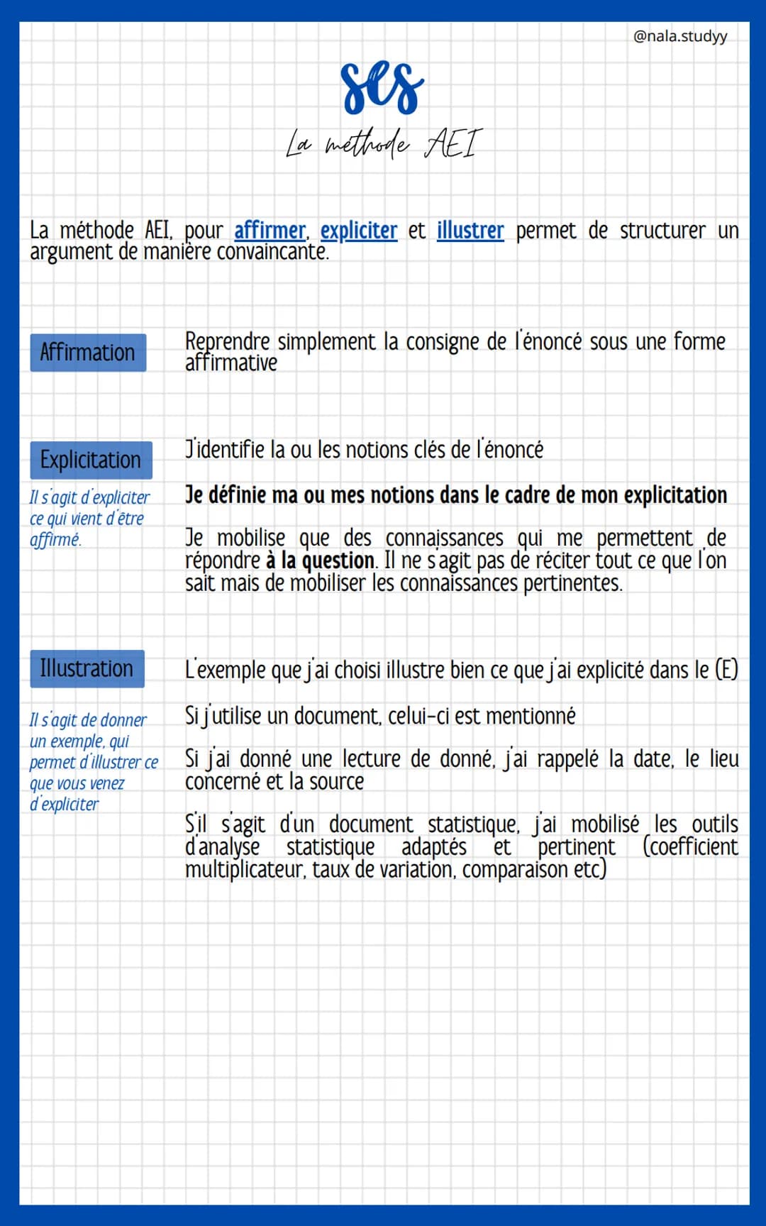 Affirmation
La méthode AEI, pour affirmer, expliciter et illustrer permet de structurer un
argument de manière convaincante.
Explicitation
I