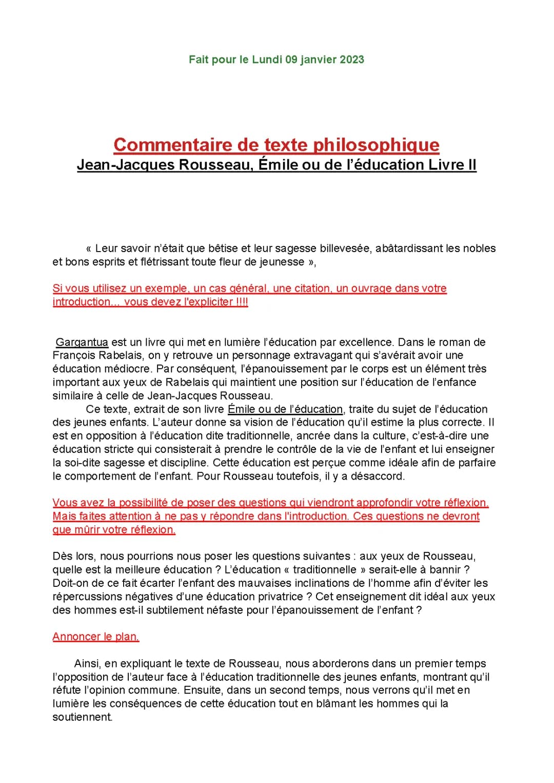 Explication de texte Rousseau - Émile ou de l'éducation, livre 4