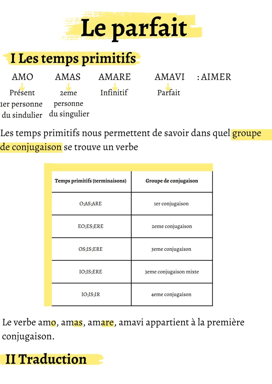 Le parfait
I Les temps primitifs
AMO
AMAS AMARE
Infinitif
Présent
2eme
1er personne
personne
du sindulier du singulier
Les temps primitifs n
