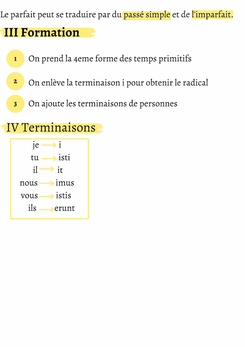 Le parfait
I Les temps primitifs
AMO
AMAS AMARE
Infinitif
Présent
2eme
1er personne
personne
du sindulier du singulier
Les temps primitifs n