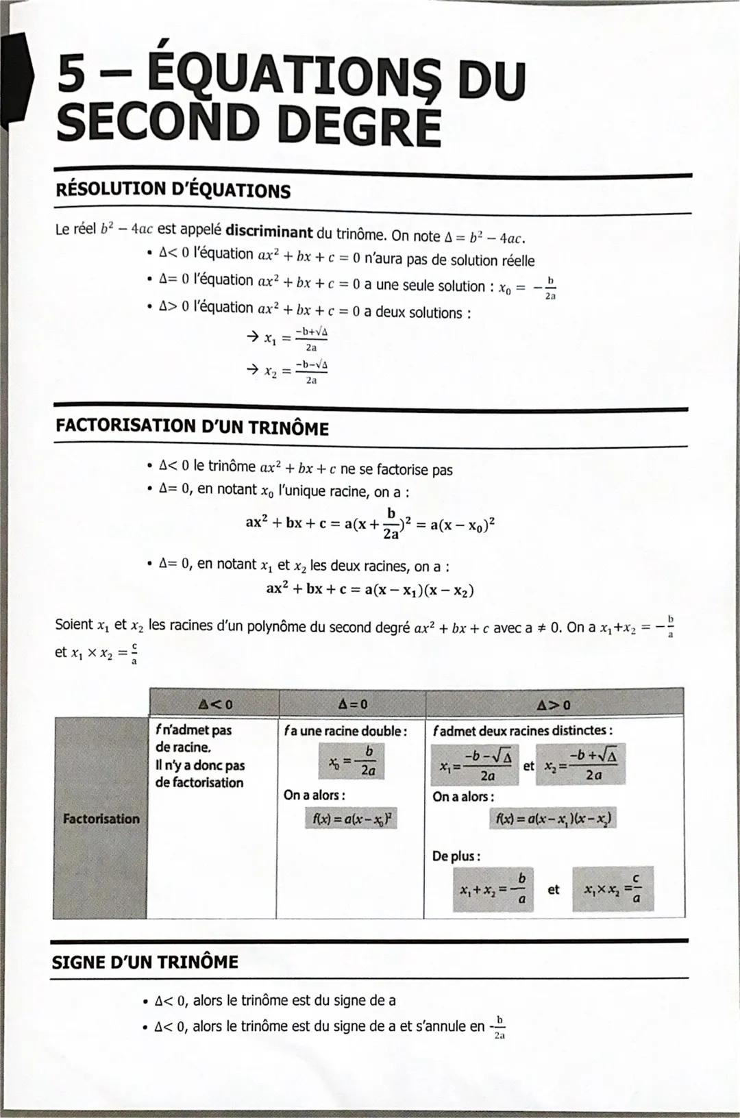 Maths spe - équations du second degré 