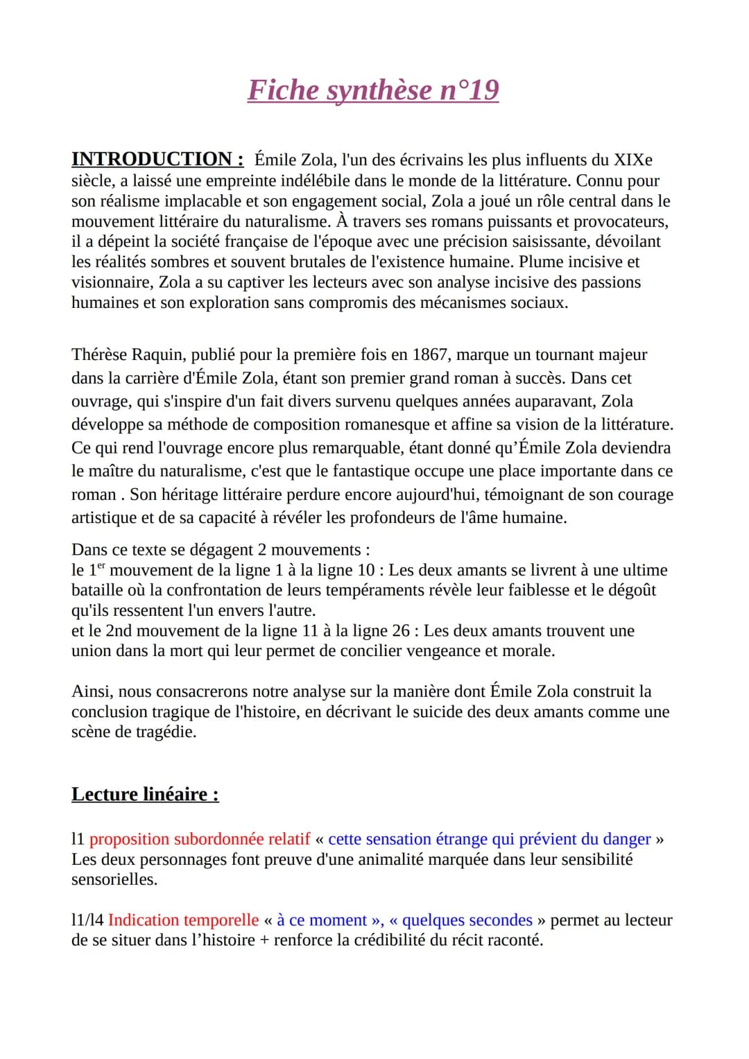 Fiche synthèse n°19
INTRODUCTION: Émile Zola, l'un des écrivains les plus influents du XIXe
siècle, a laissé une empreinte indélébile dans l