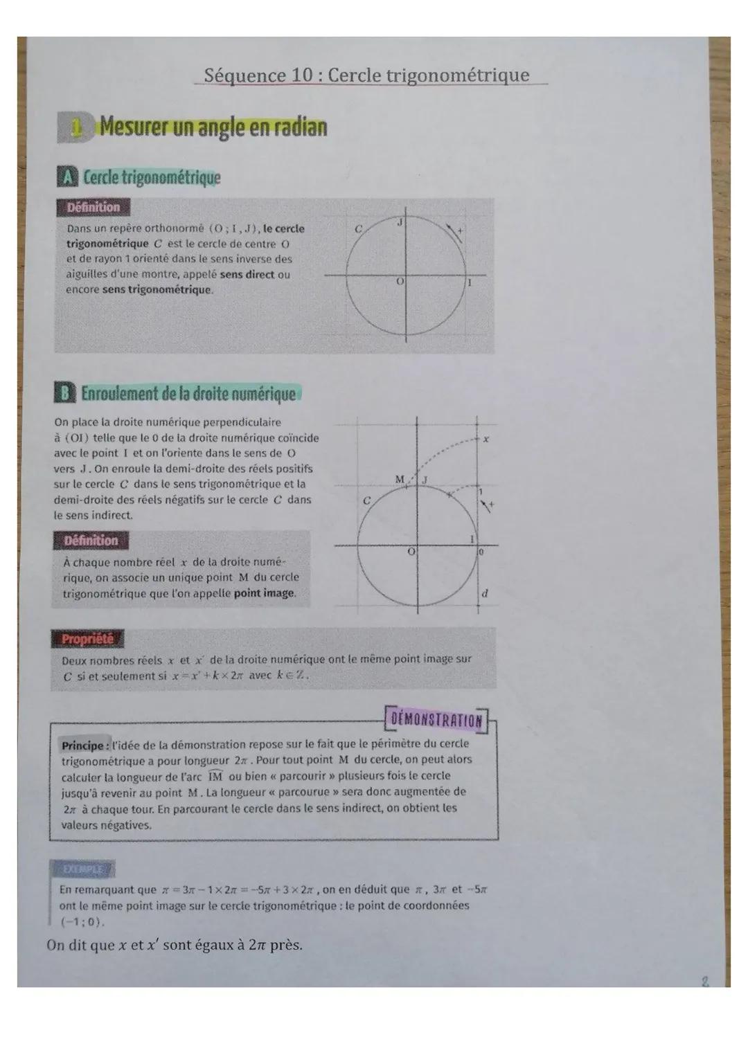 Séquence 10: Cercle trigonométrique
Mesurer un angle en radian
A Cercle trigonométrique
Définition
Dans un repère orthonormě (O; I, J), le c