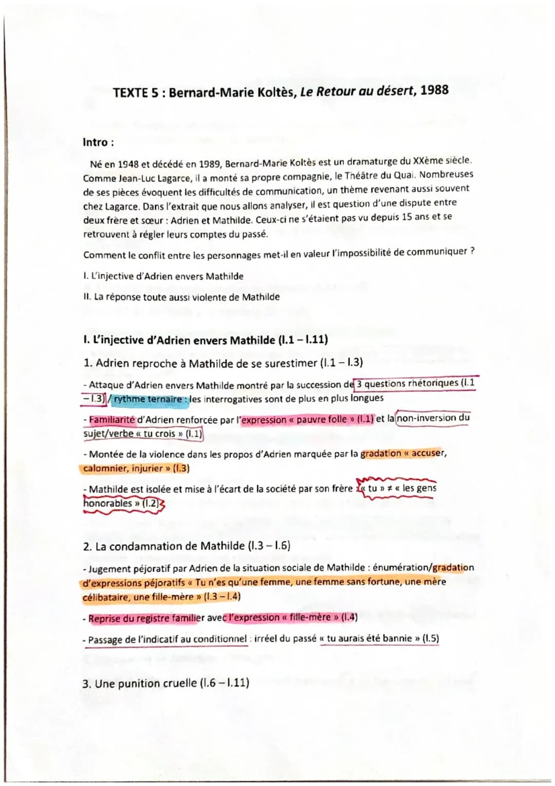 analyse linéaire d’un extrait du Retour au désert 