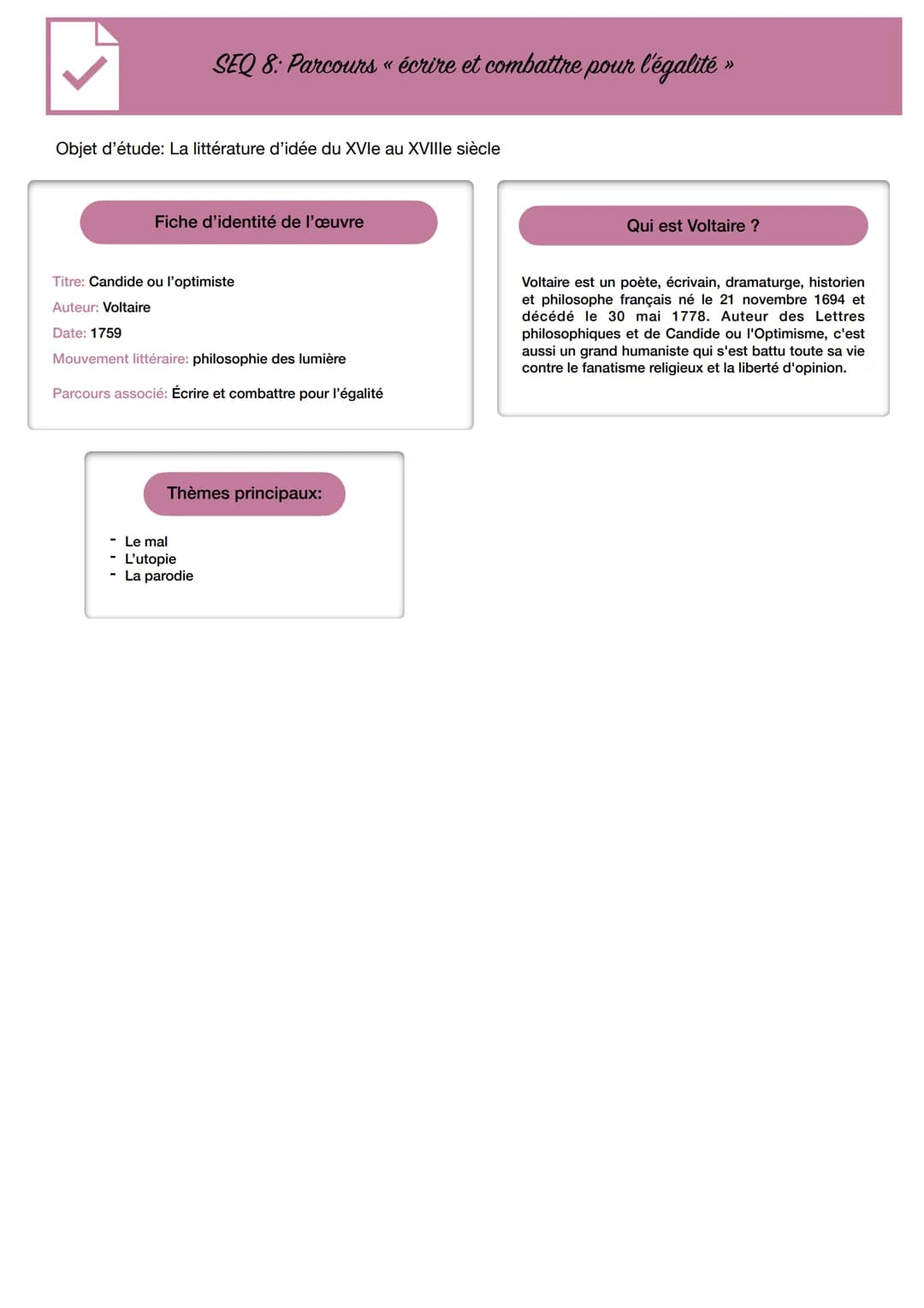 Objet d'étude: La littérature d'idée du XVIe au XVIIIe siècle
SEQ 8: Parcours « écrire et combattre pour l'égalité ›
Fiche d'identité de l'œ