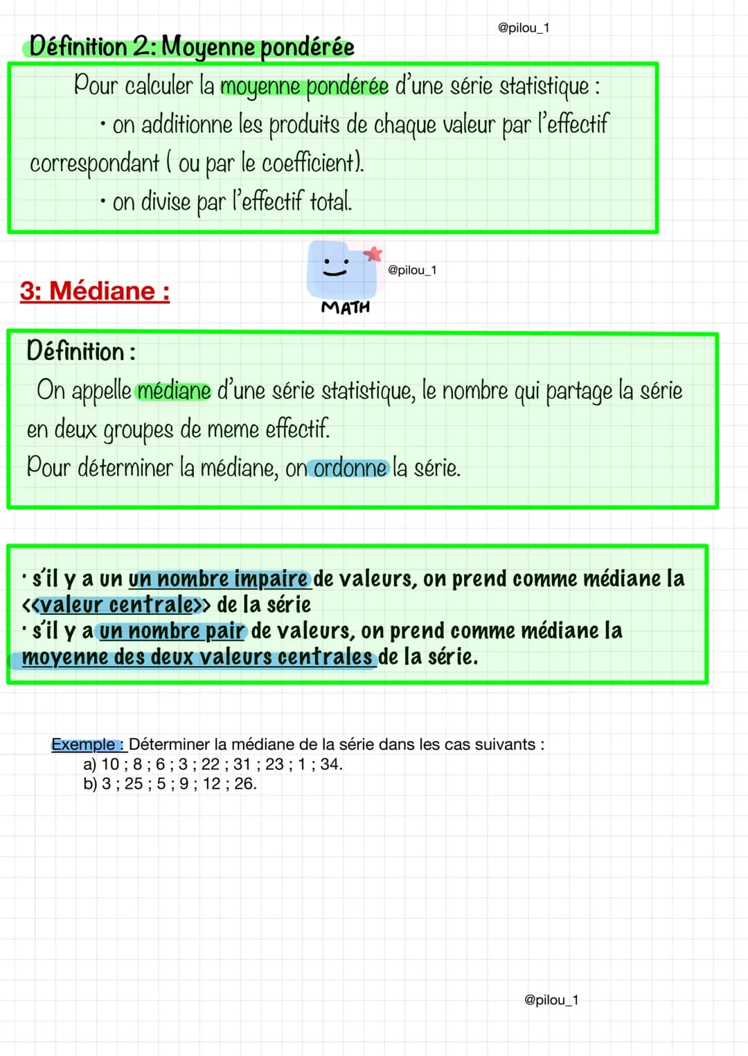 STATISTIQUES
Mathématique
1: Fréquences (reppels).
2: Moyennes:
Définition:
L'orsqu'on étudie une série statistique, la fréquence d'une vale
