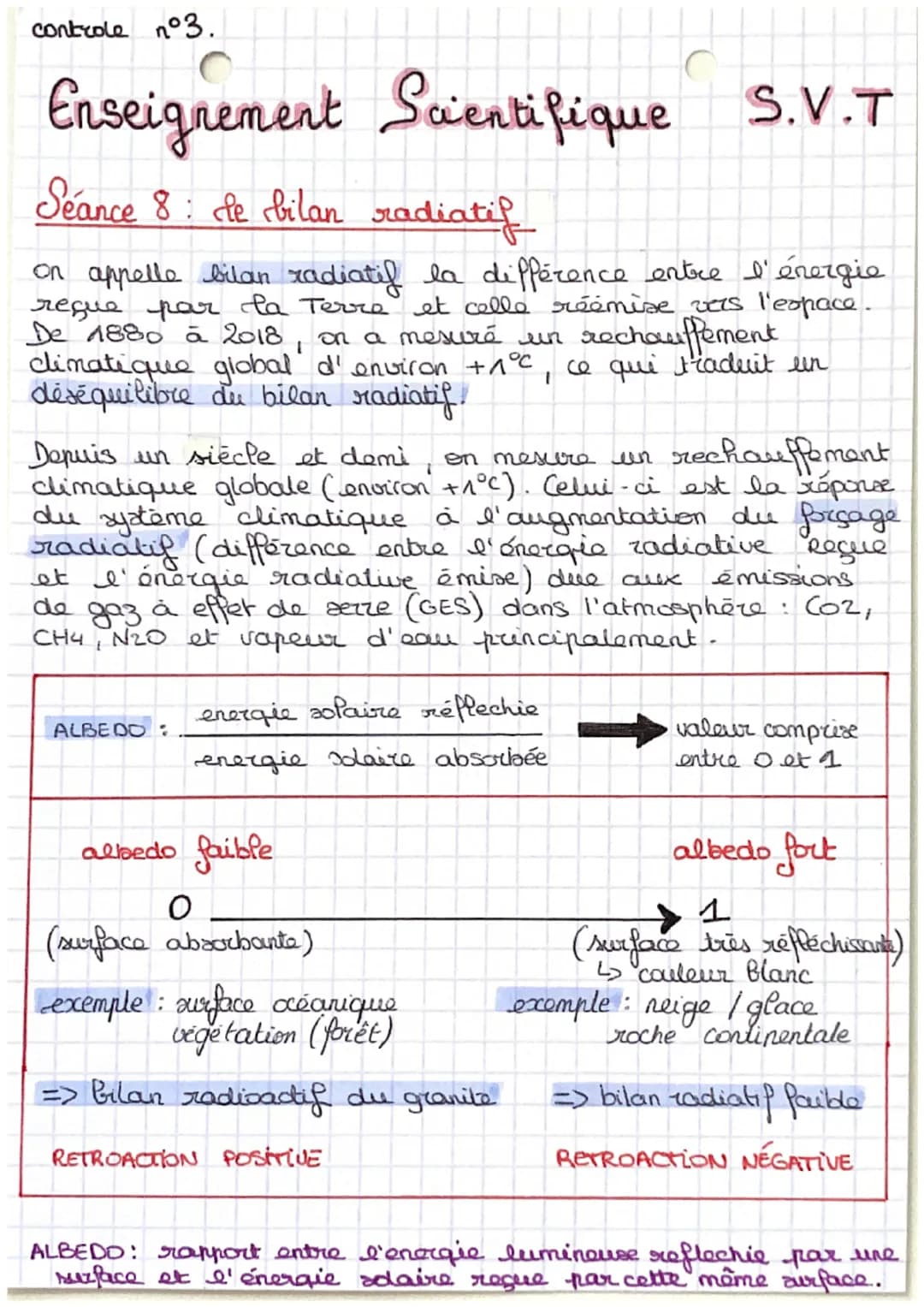 controle n°3.
Enseignement Scientifique S.V.T
Séance 8: le bilan radiatif
on appelle bilan radiatif la différence entre l'énergie
regue par 