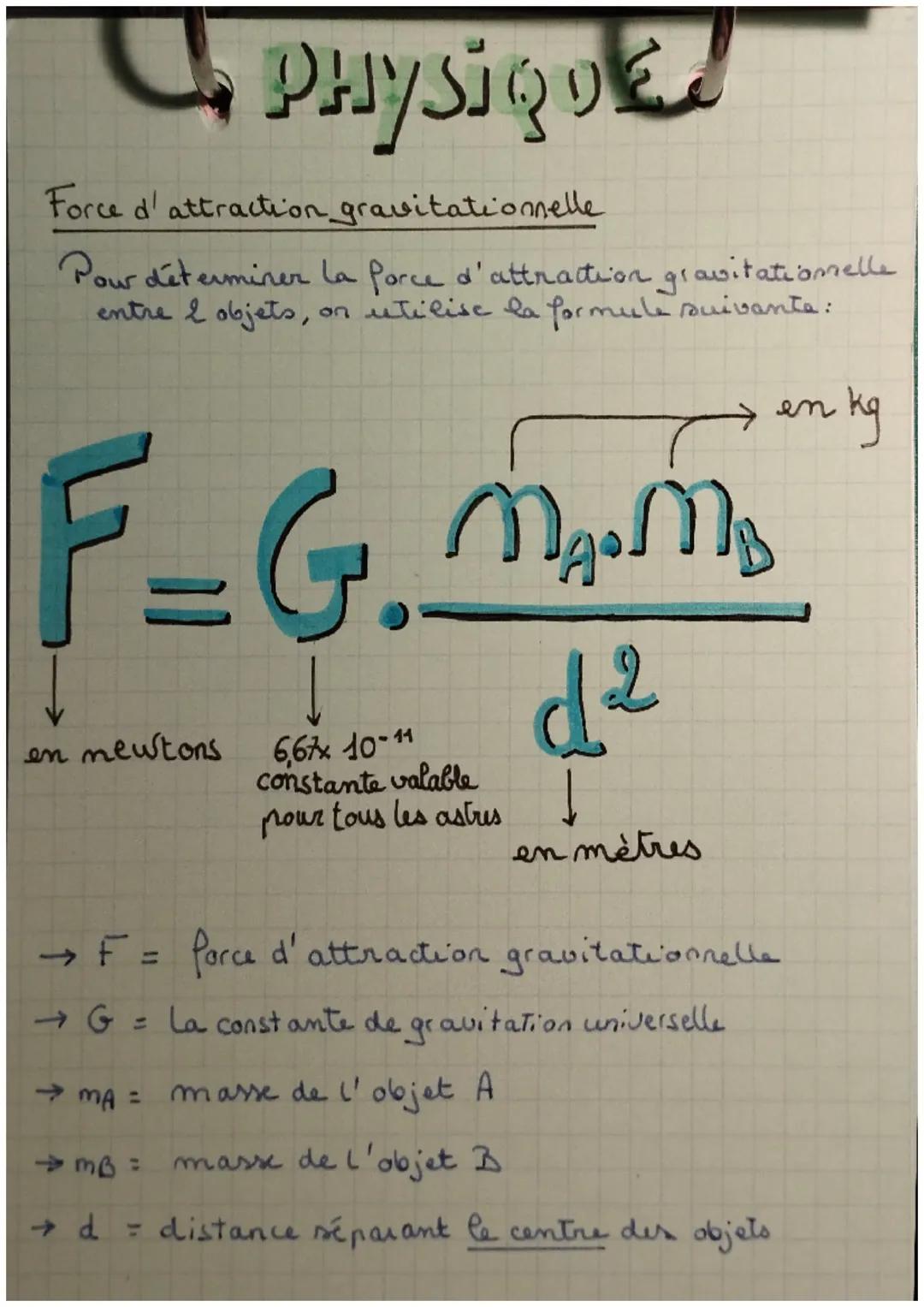 # PHYSIQ

Force d'attraction gravitatiomelle

Pour déterminer la force d'attraction gravitatiomelle
entre I objets, on estilise la formule s