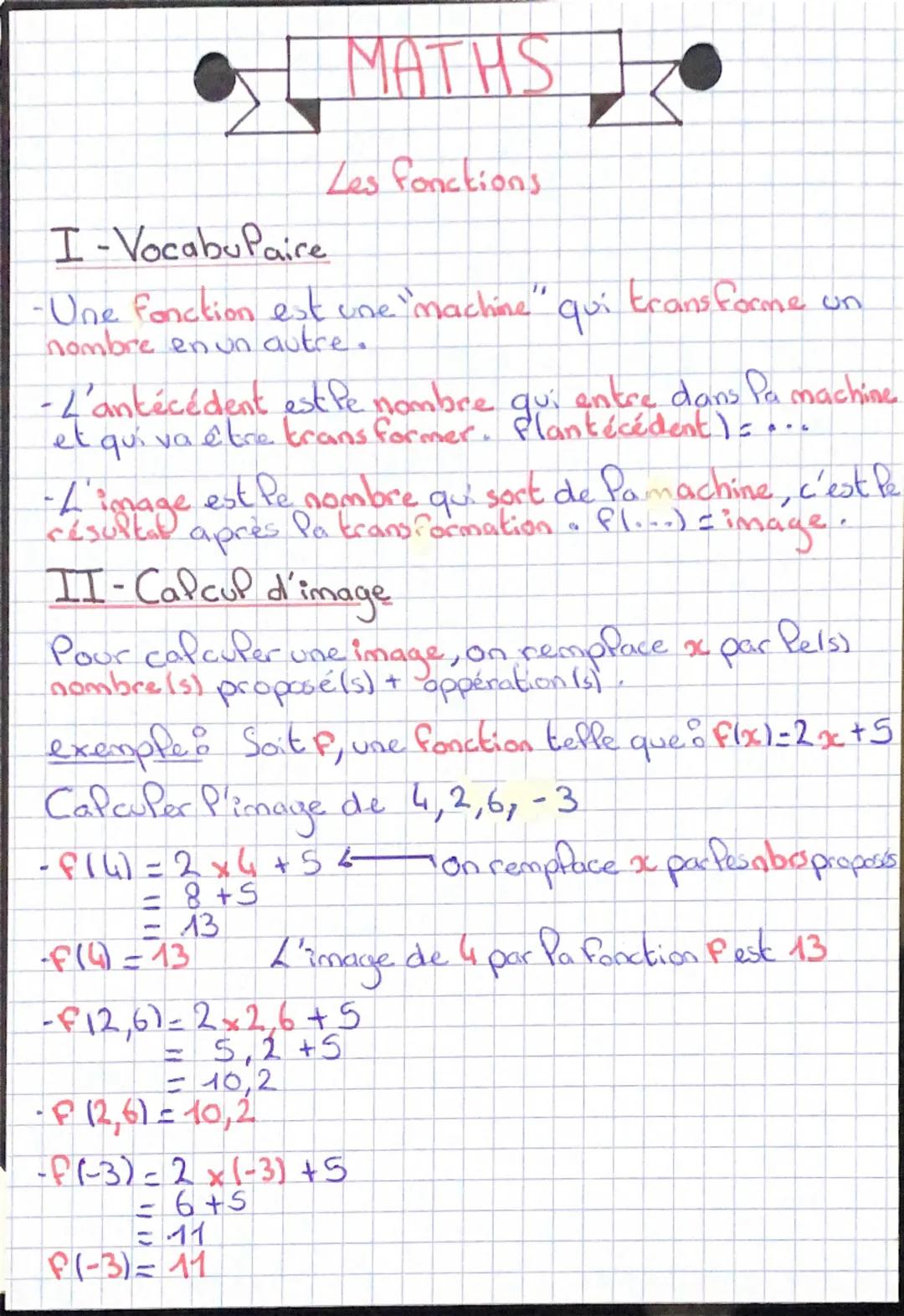 # MATHS

Les fonctions

I-VocabuPaire

- Une fonction est une "machine" qui transforme un
nombre en un autre.

-L'antécédent est le nombre q