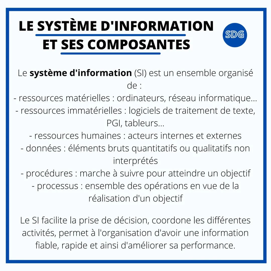 SCIENCE DE GESTION
LE SYSTÈME D'
INFORMATION DANS
L'ORGANISATION LE SYSTÈME D'INFORMATION
ET SES COMPOSANTES
SDG
Le système d'information (S