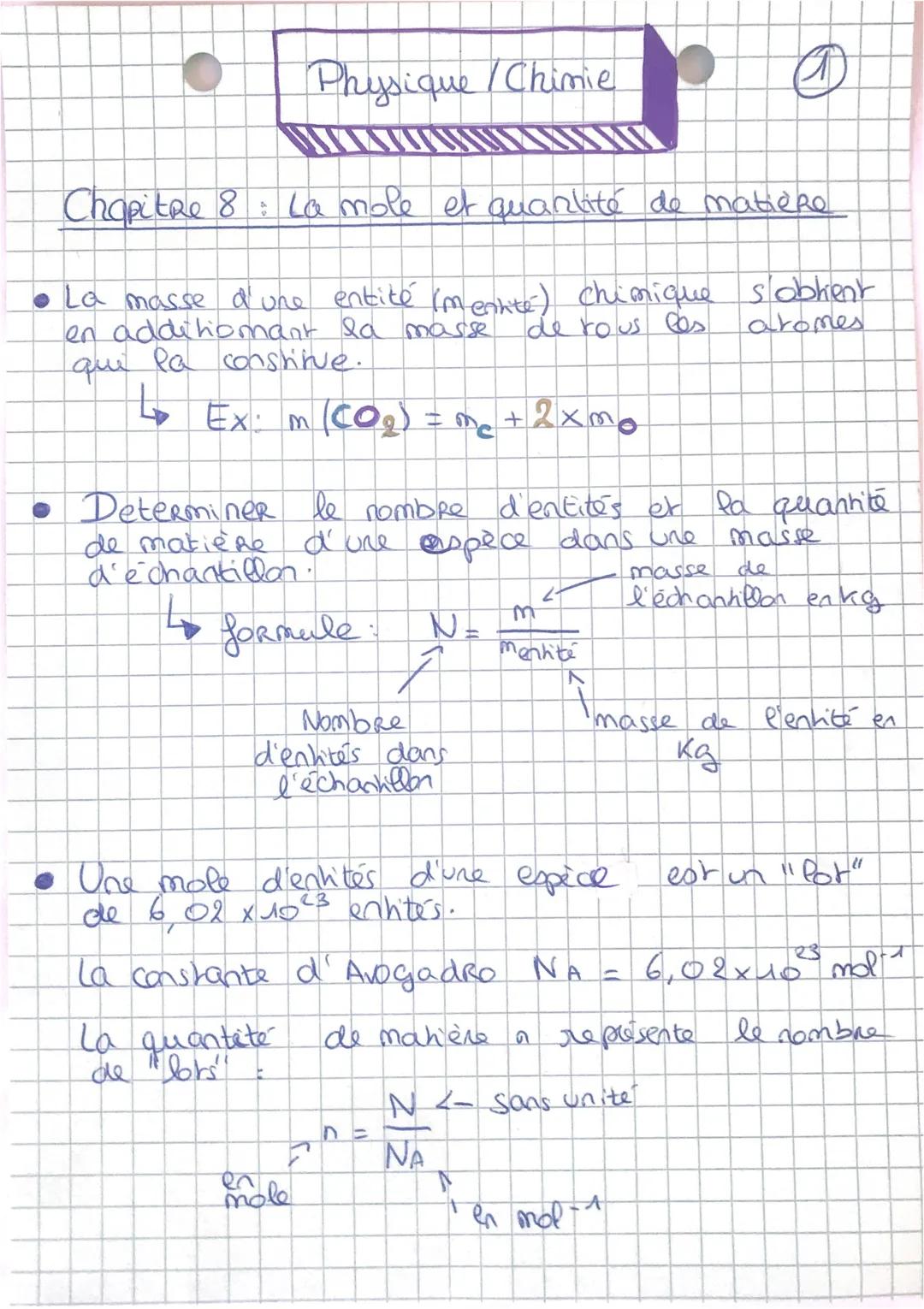 Physique/Chimie
@
Chapitre 8: La mole et quantité de matiere

• La masse d'une entité (mennité) chimique s'obhient
en addihomant la masse de