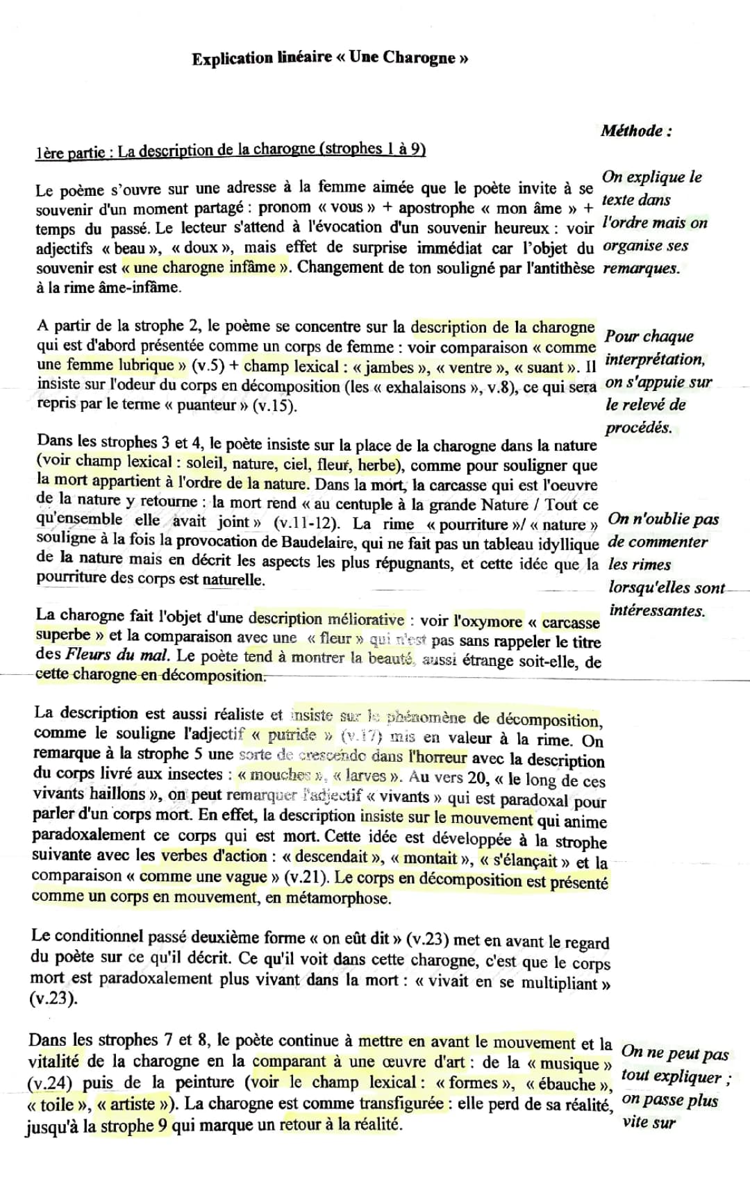 Explique 'Une charogne' de Baudelaire : Analyse Linéaire PDF et Texte