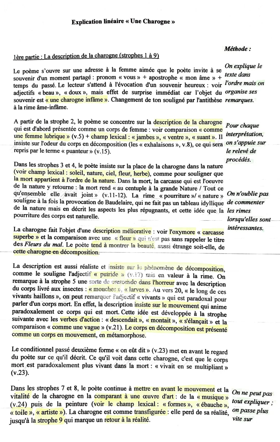 Explication linéaire « Une Charogne »
Méthode:
1ère partie : La description de la charogne (strophes 1 à 9)
On explique le
Le poème s'ouvre 