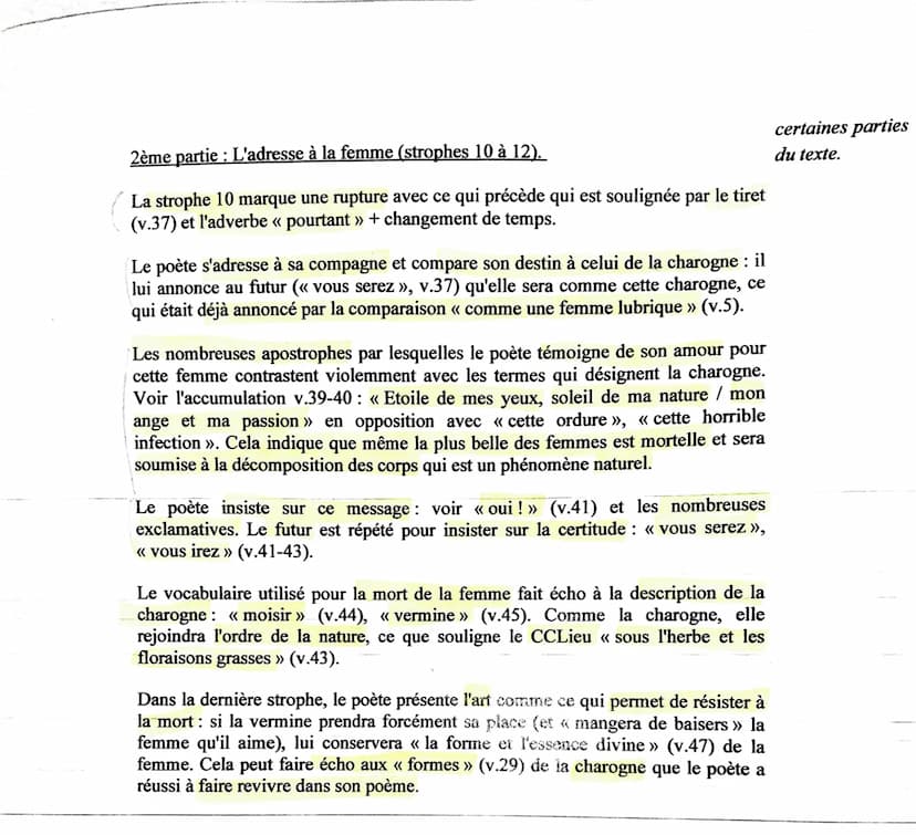 Explication linéaire « Une Charogne »
Méthode:
1ère partie : La description de la charogne (strophes 1 à 9)
On explique le
Le poème s'ouvre 