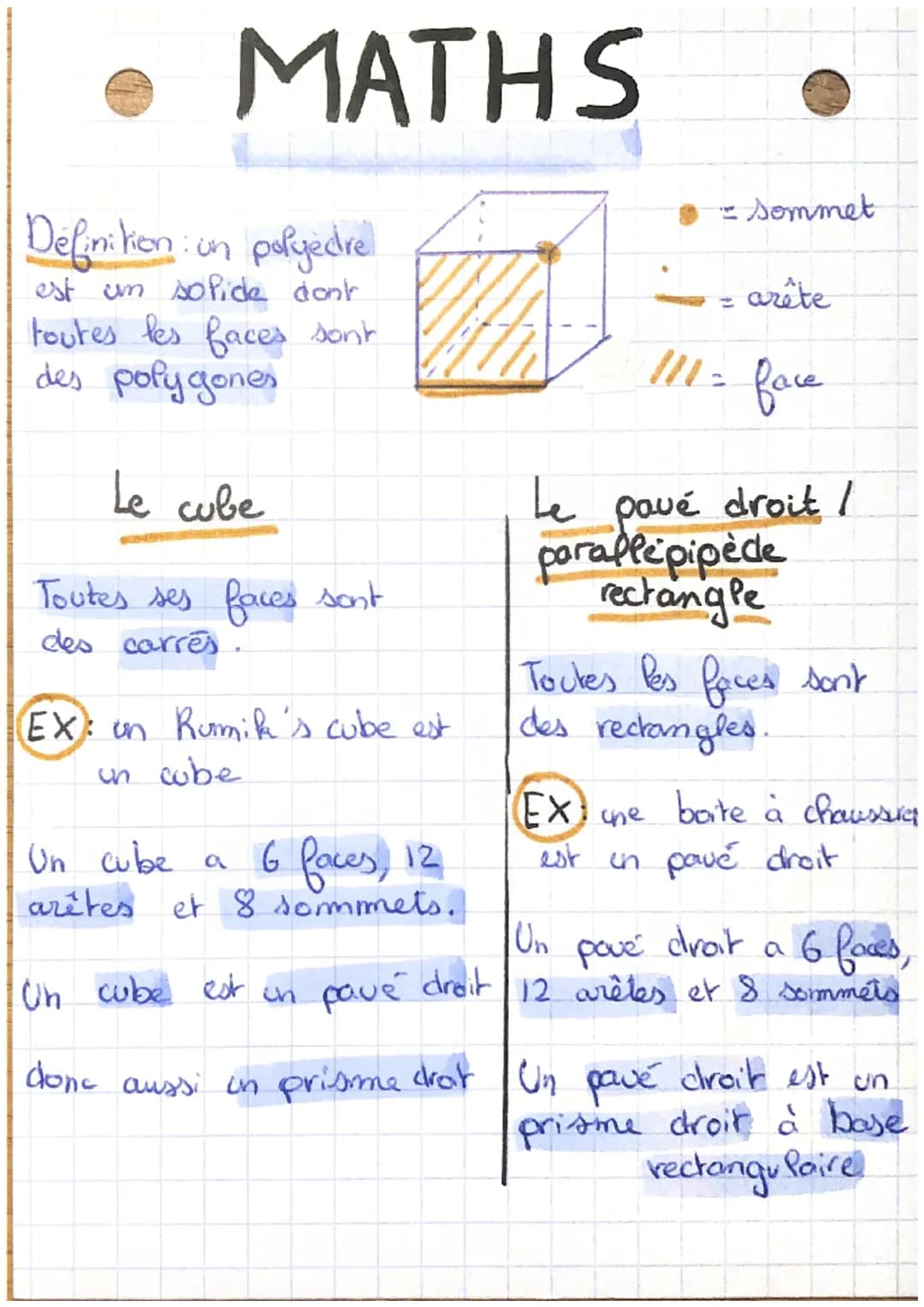 MATHS
Définition: un polyedre
est um so Pide don't
toutes les faces sont
des polygones
Le cube
Toutes ses faces sont
des carrés.
(EX): on Ru