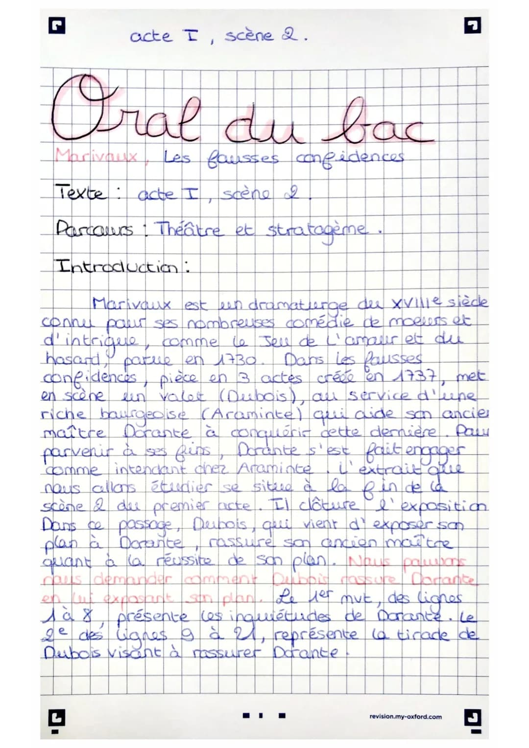 G
acte I, scène 2.
Oral du bac
Marivaux
Les fausses confidences
scène 2
Texte acte I
Parcours · Theâtre et stratagème
T
Introduction:
Mariva
